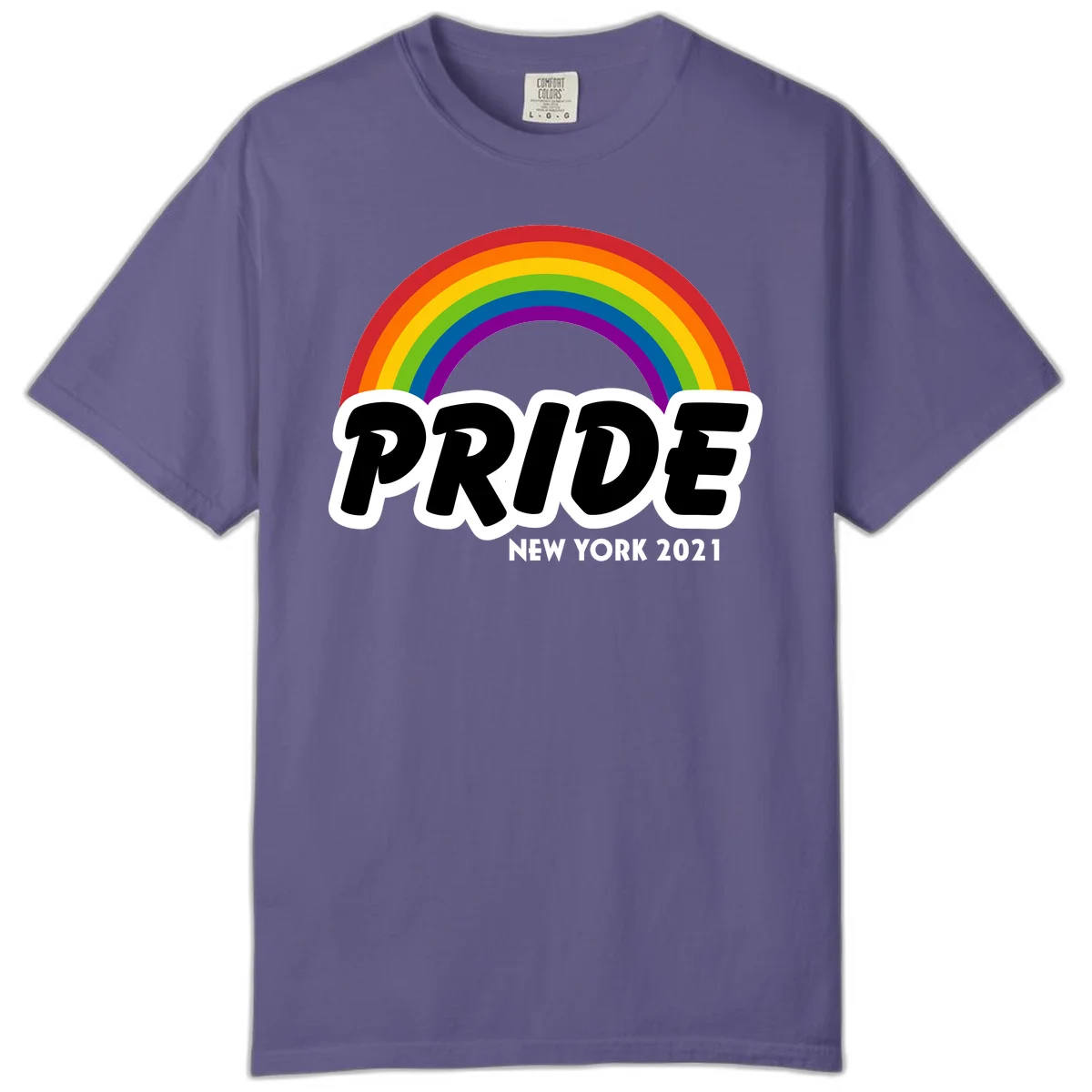 Pride New York 2021 design with vibrant rainbow arc and bold black text on gray background in Grape