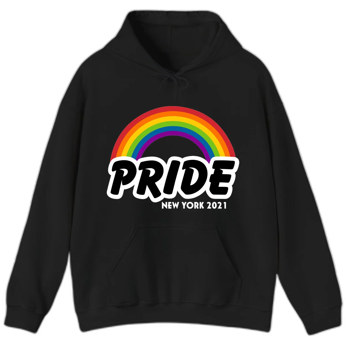 Pride New York 2021 design with vibrant rainbow arc and bold black text on gray background in Black