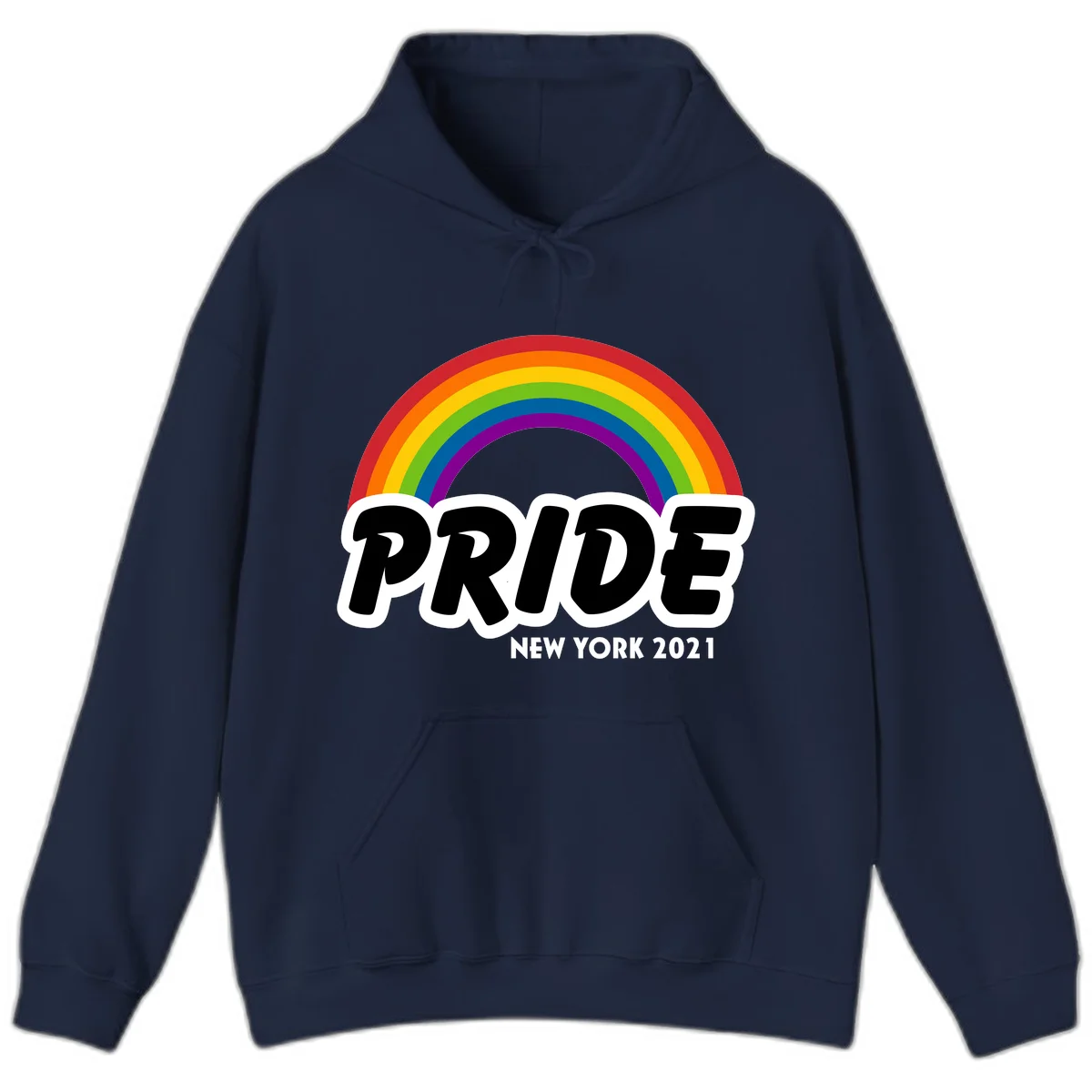 Pride New York 2021 design with vibrant rainbow arc and bold black text on gray background in Navy