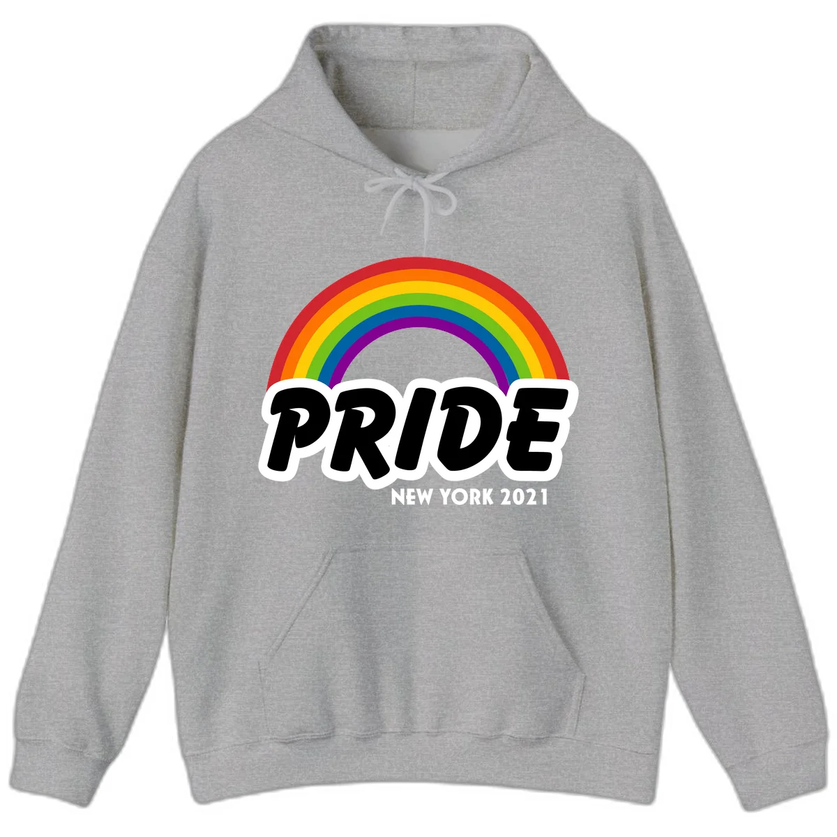 Pride New York 2021 design with vibrant rainbow arc and bold black text on gray background in Sport Grey