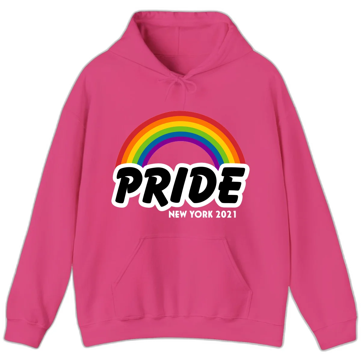 Pride New York 2021 design with vibrant rainbow arc and bold black text on gray background in Heliconia