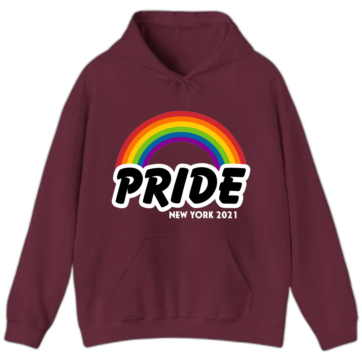 Pride New York 2021 design with vibrant rainbow arc and bold black text on gray background in Maroon