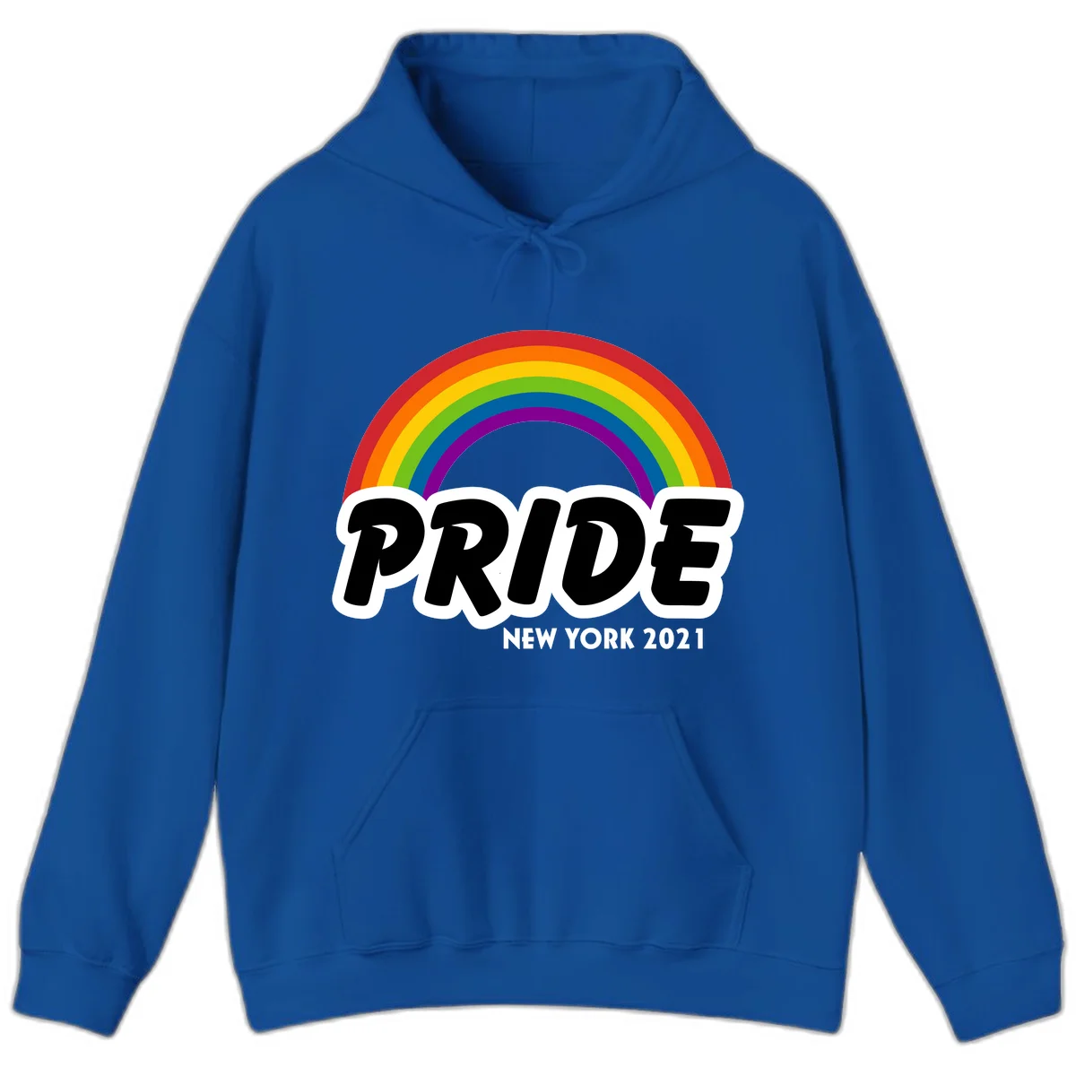 Pride New York 2021 design with vibrant rainbow arc and bold black text on gray background in Royal