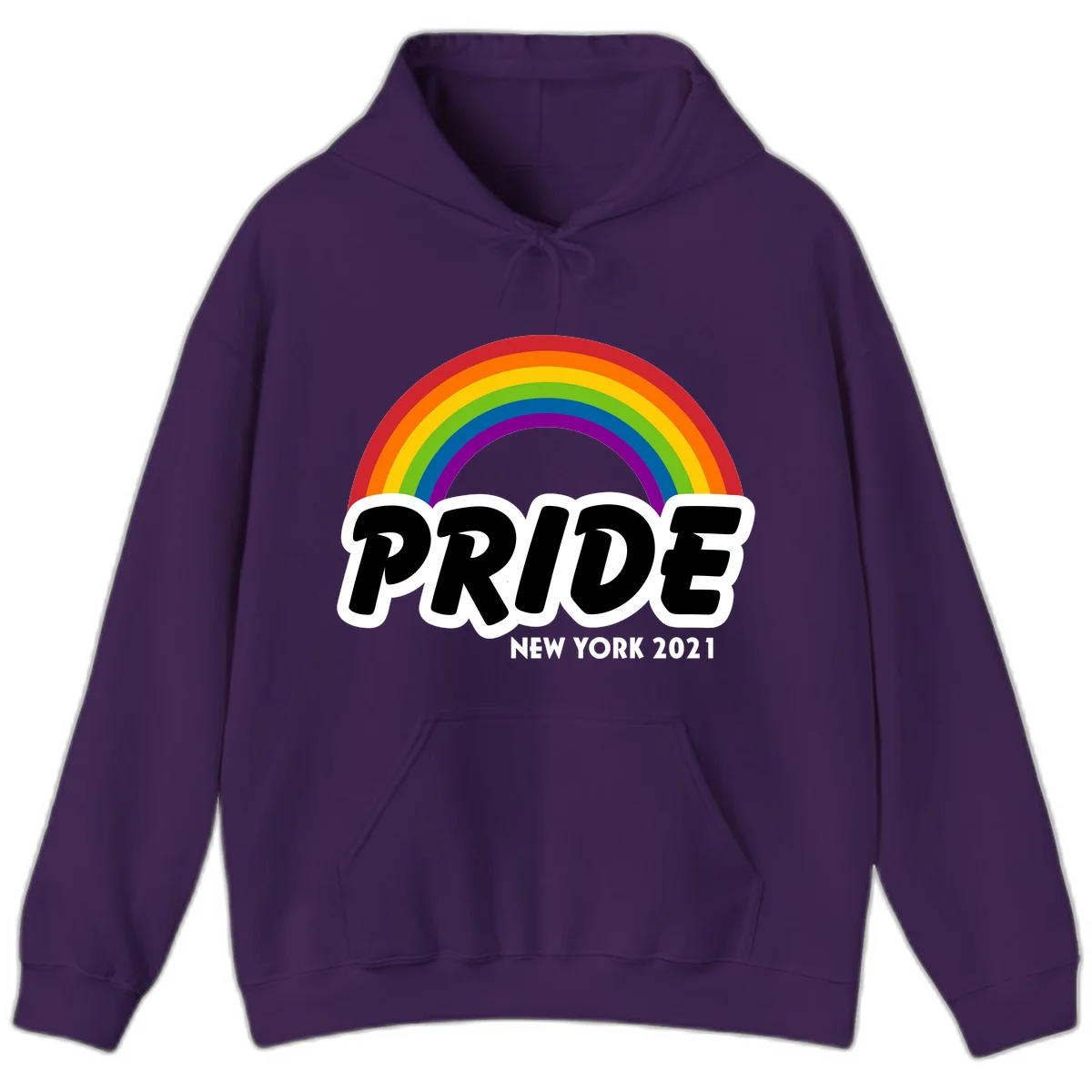Pride New York 2021 design with vibrant rainbow arc and bold black text on gray background in Purple