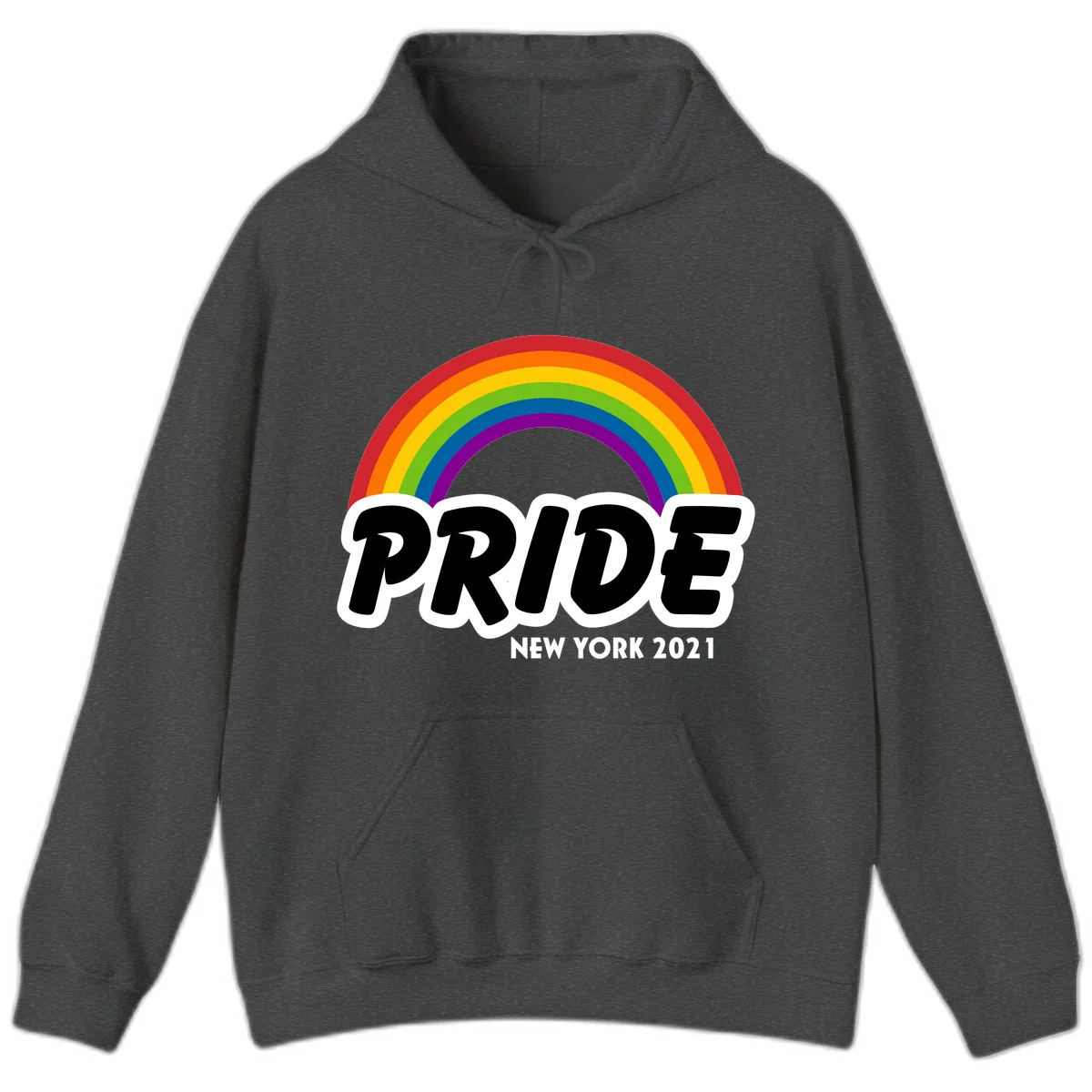 Pride New York 2021 design with vibrant rainbow arc and bold black text on gray background in Dark Heather