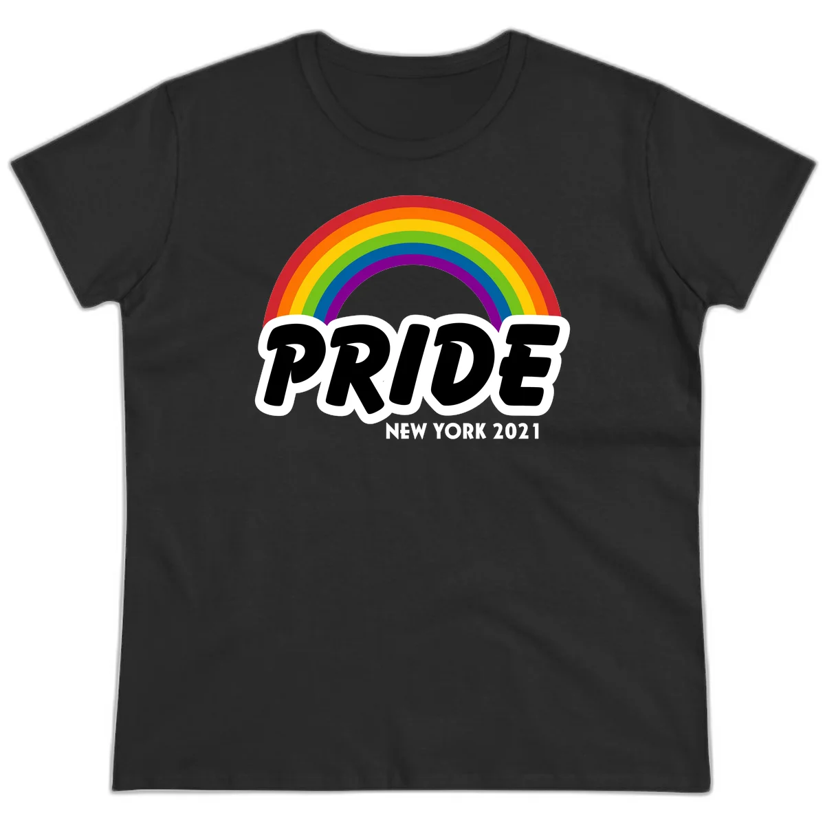 Pride New York 2021 design with vibrant rainbow arc and bold black text on gray background in Black
