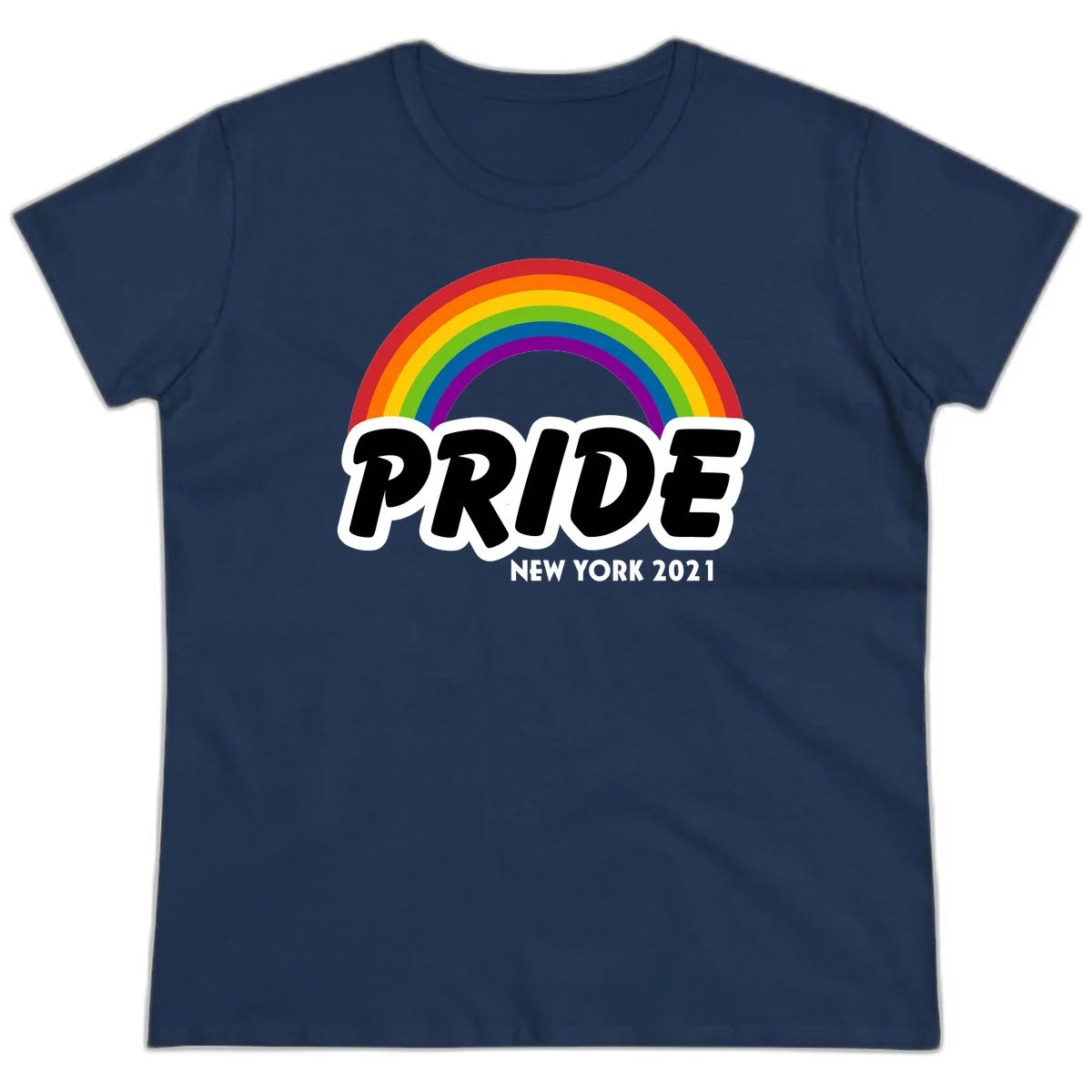 Pride New York 2021 design with vibrant rainbow arc and bold black text on gray background in Navy