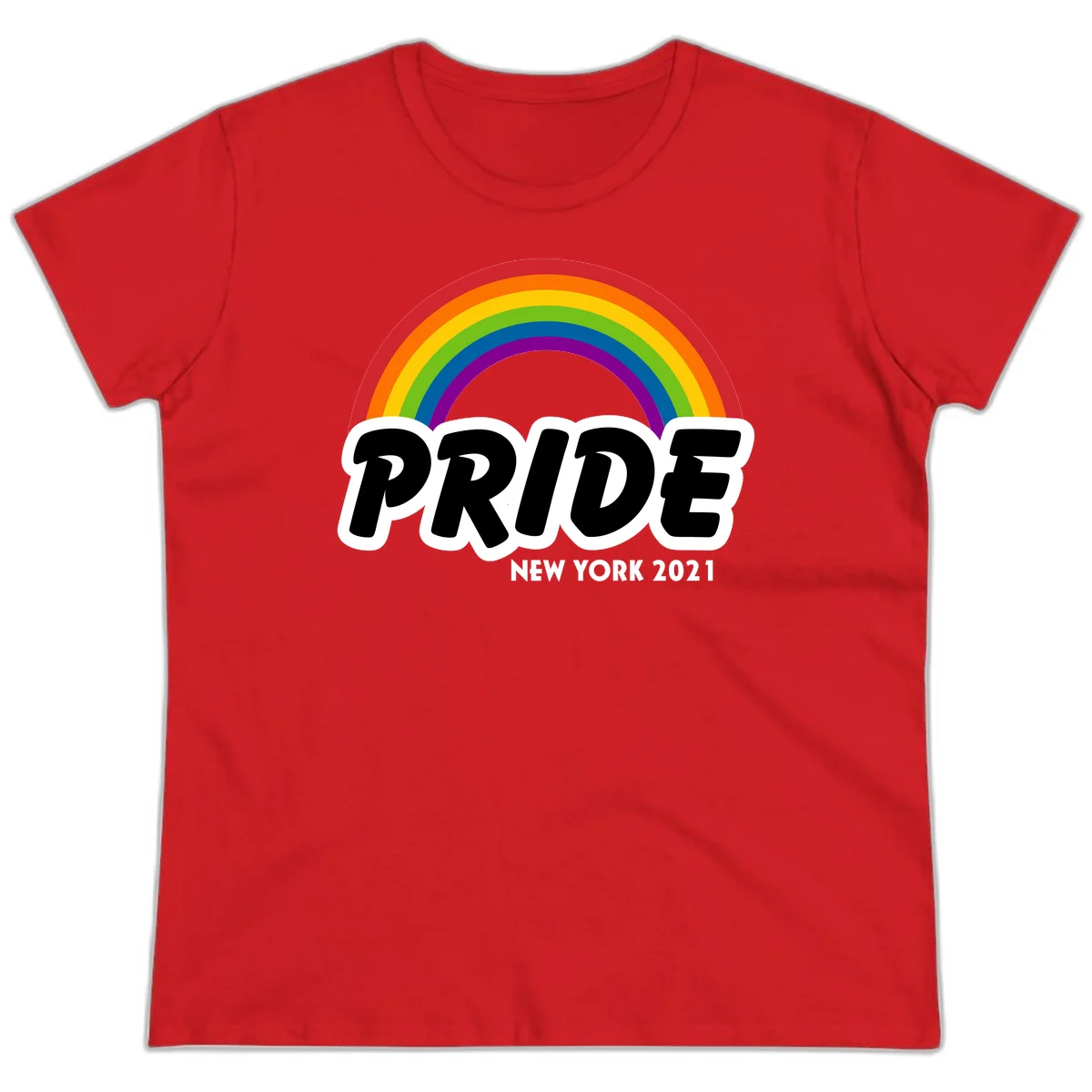 Pride New York 2021 design with vibrant rainbow arc and bold black text on gray background in Red