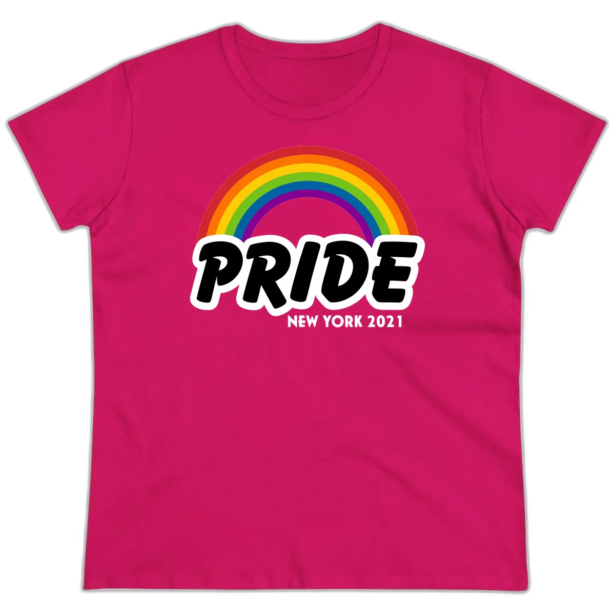 Pride New York 2021 design with vibrant rainbow arc and bold black text on gray background in Heliconia