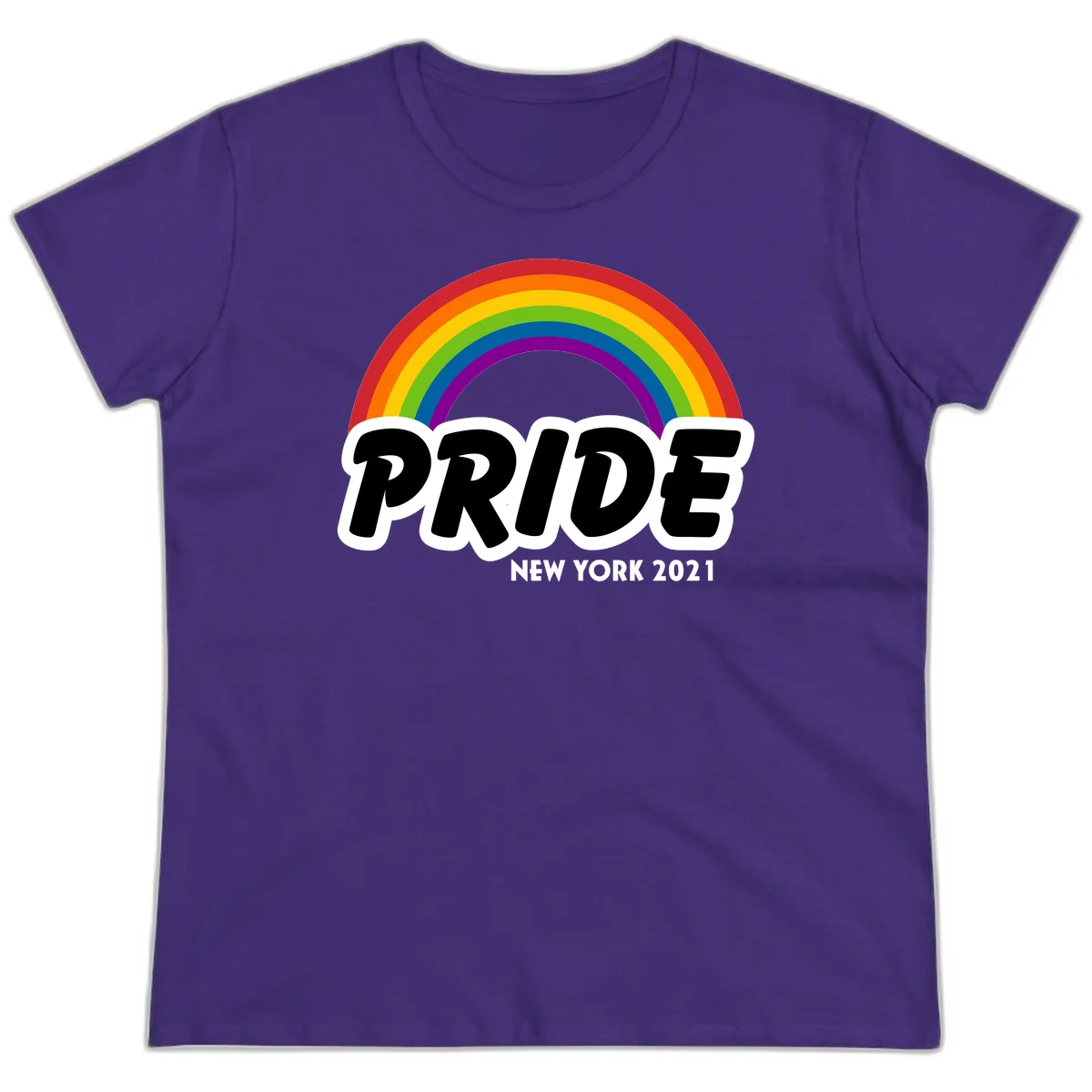 Pride New York 2021 design with vibrant rainbow arc and bold black text on gray background in Purple