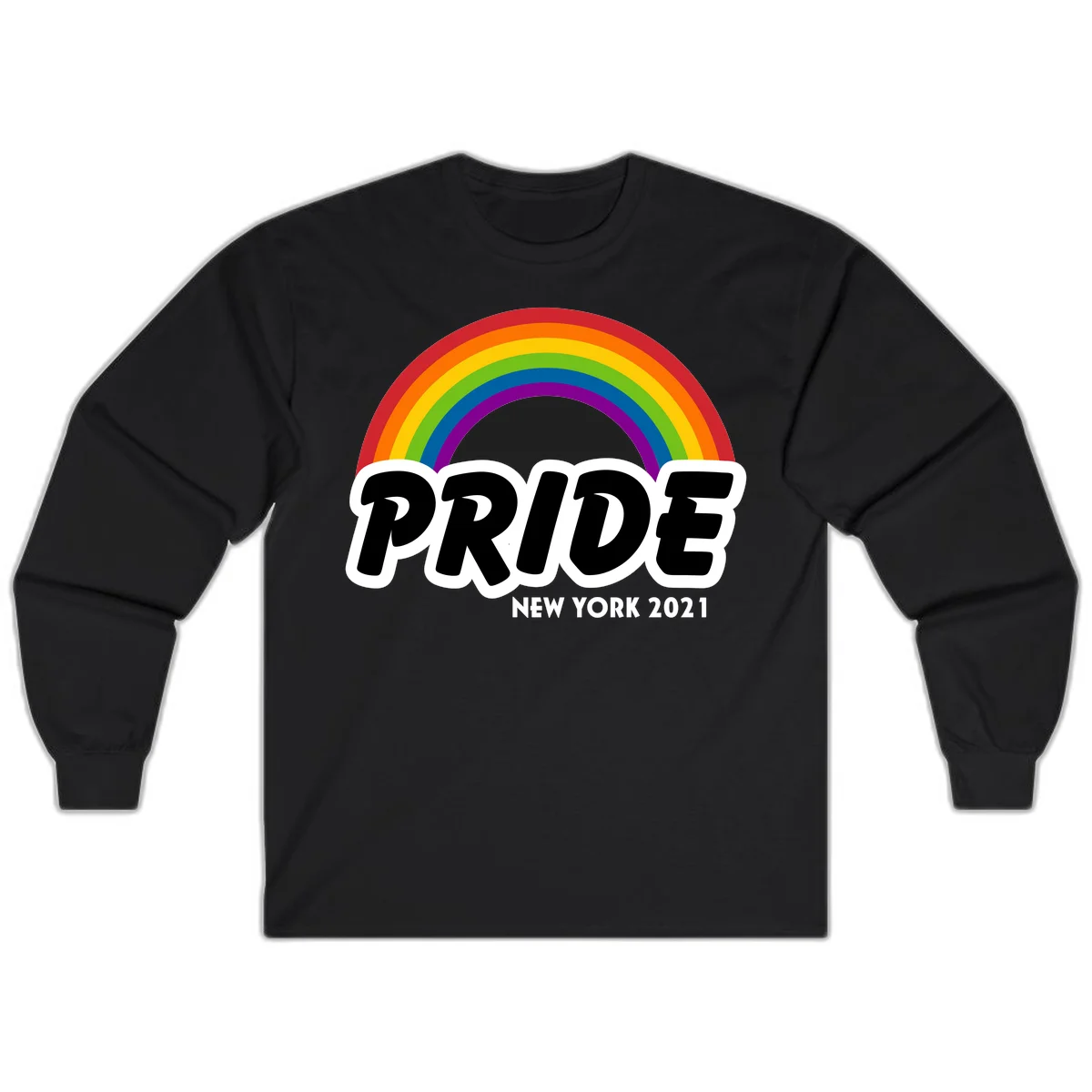 Pride New York 2021 design with vibrant rainbow arc and bold black text on gray background in Black