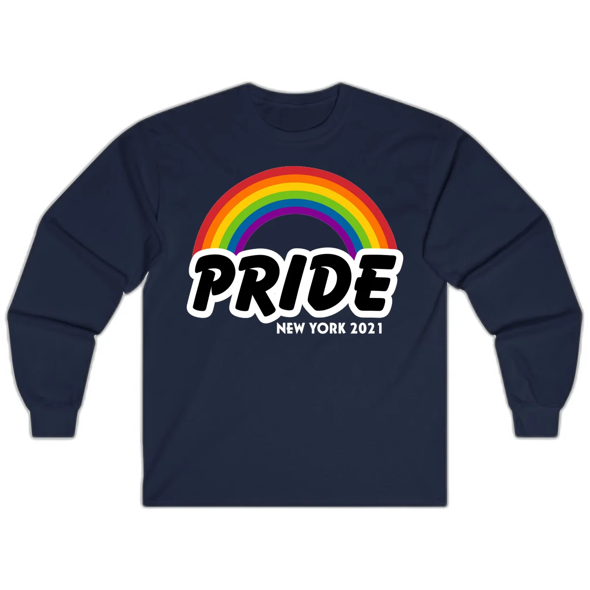 Pride New York 2021 design with vibrant rainbow arc and bold black text on gray background in Navy