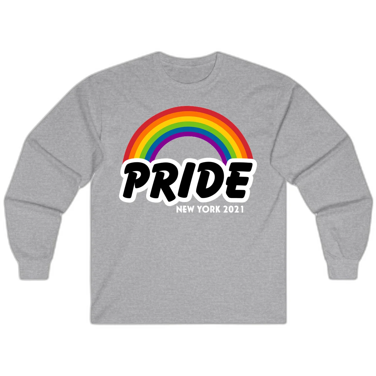 Pride New York 2021 design with vibrant rainbow arc and bold black text on gray background in Sport Grey