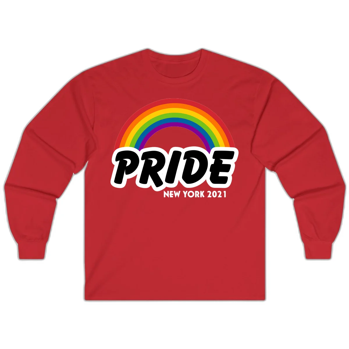 Pride New York 2021 design with vibrant rainbow arc and bold black text on gray background in Red