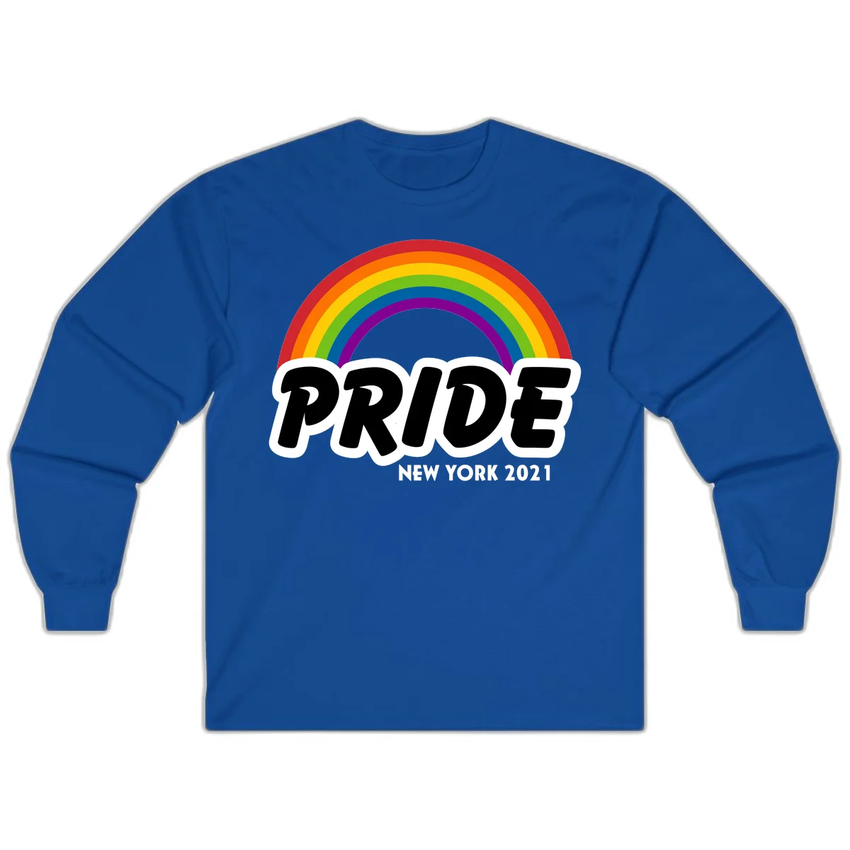 Pride New York 2021 design with vibrant rainbow arc and bold black text on gray background in Royal