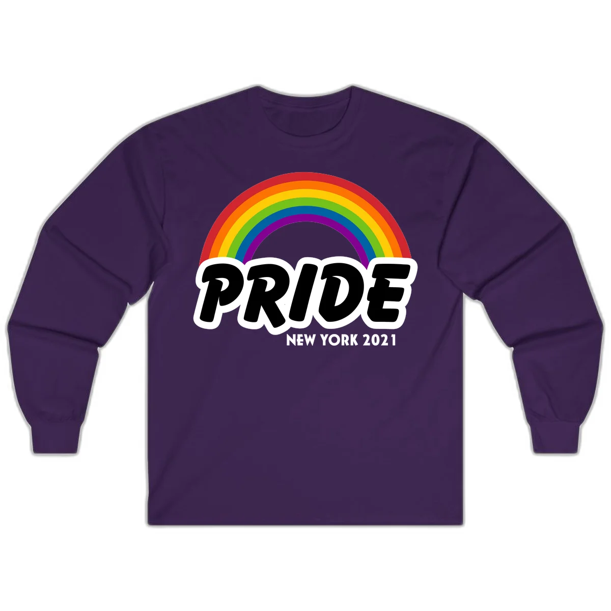 Pride New York 2021 design with vibrant rainbow arc and bold black text on gray background in Purple