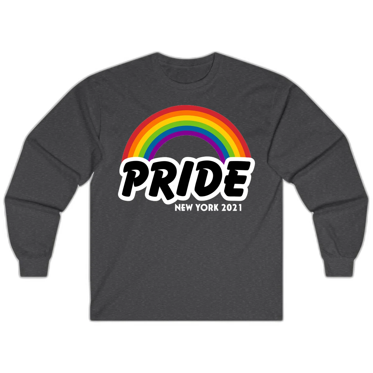 Pride New York 2021 design with vibrant rainbow arc and bold black text on gray background in Dark Heather