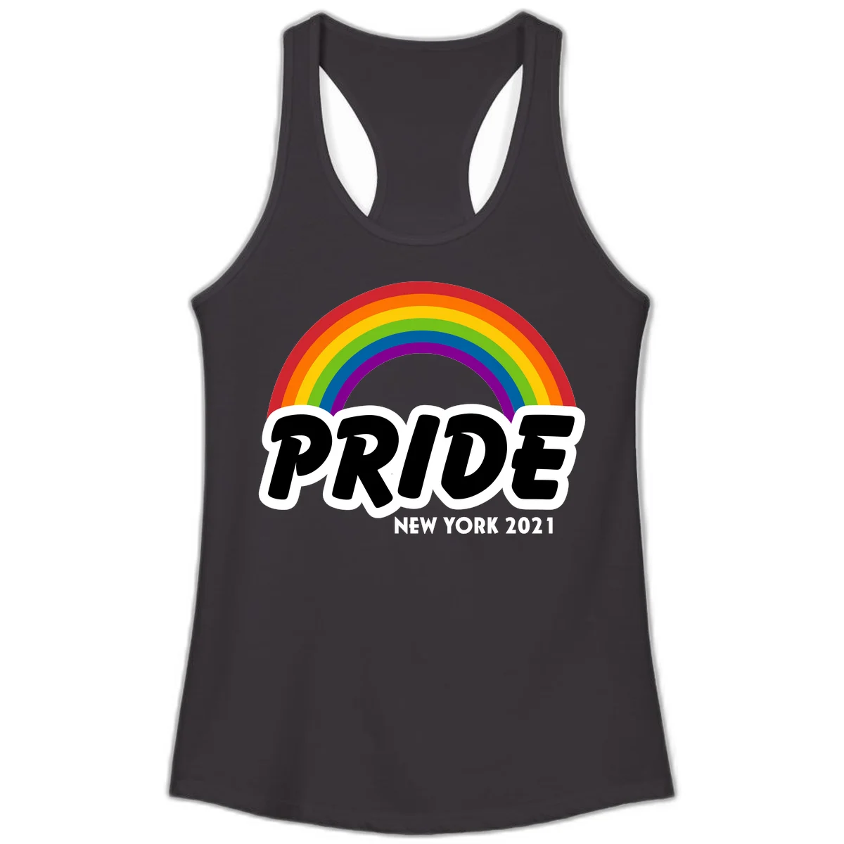 Pride New York 2021 design with vibrant rainbow arc and bold black text on gray background in Black