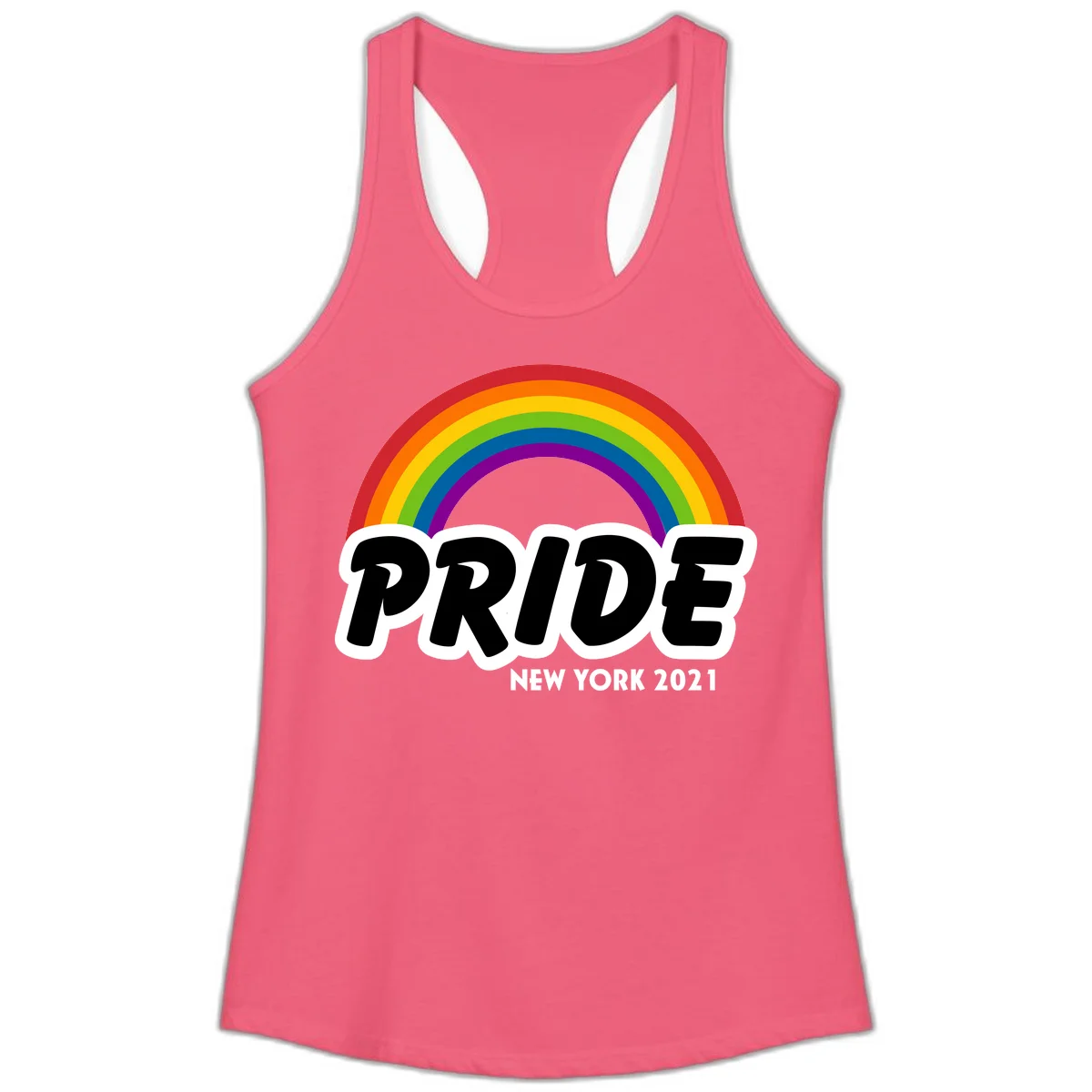 Pride New York 2021 design with vibrant rainbow arc and bold black text on gray background in Hot Pink