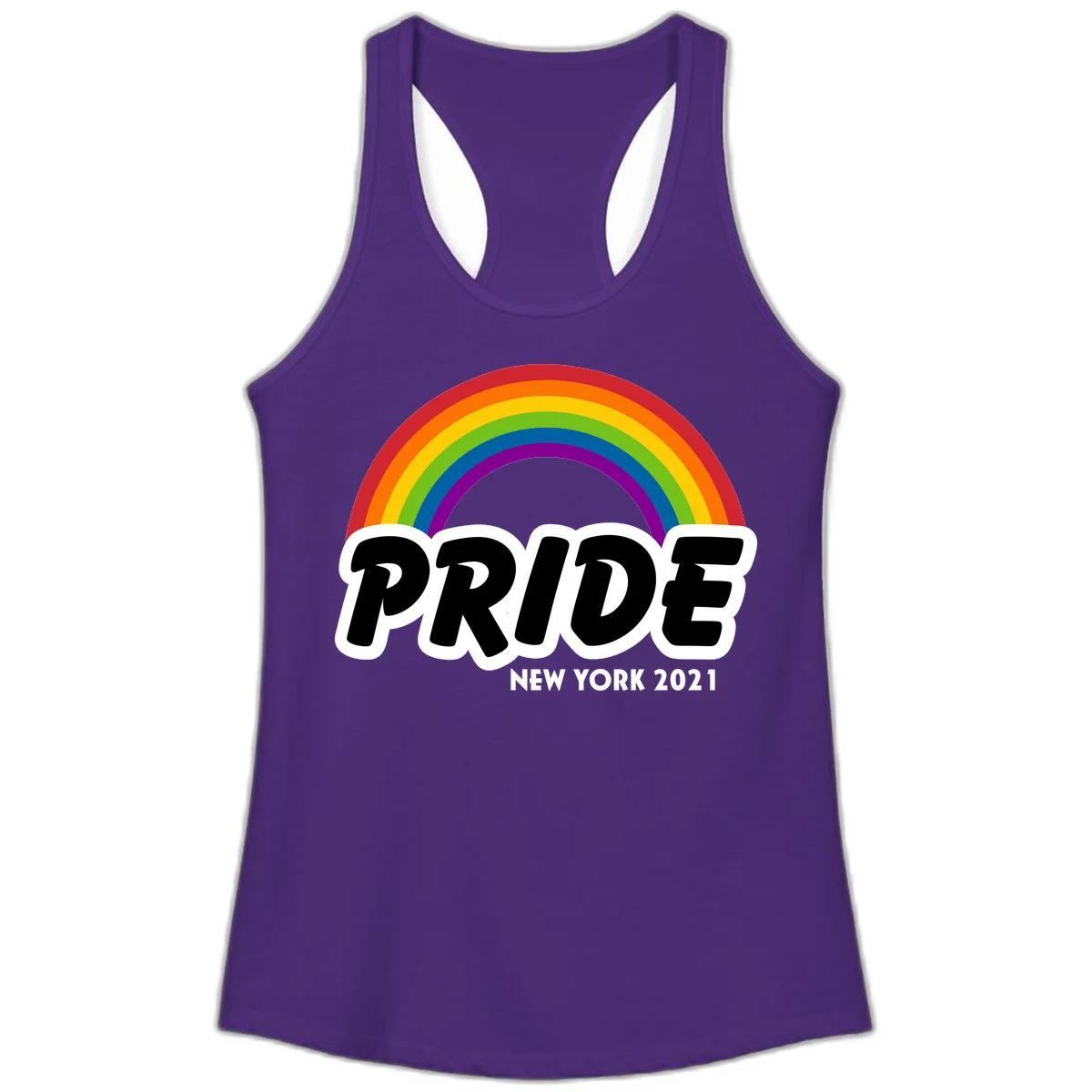 Pride New York 2021 design with vibrant rainbow arc and bold black text on gray background in Solid Purple Rush