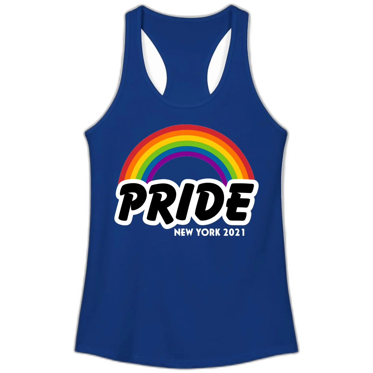 Pride New York 2021 design with vibrant rainbow arc and bold black text on gray background in Solid Royal