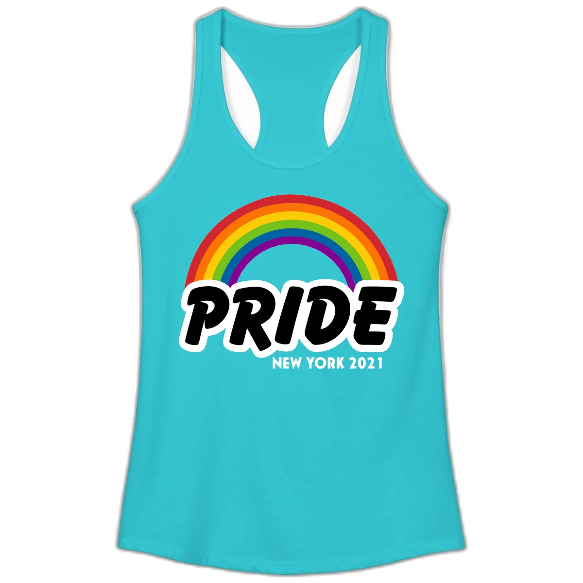 Pride New York 2021 design with vibrant rainbow arc and bold black text on gray background in Solid Tahiti Blue