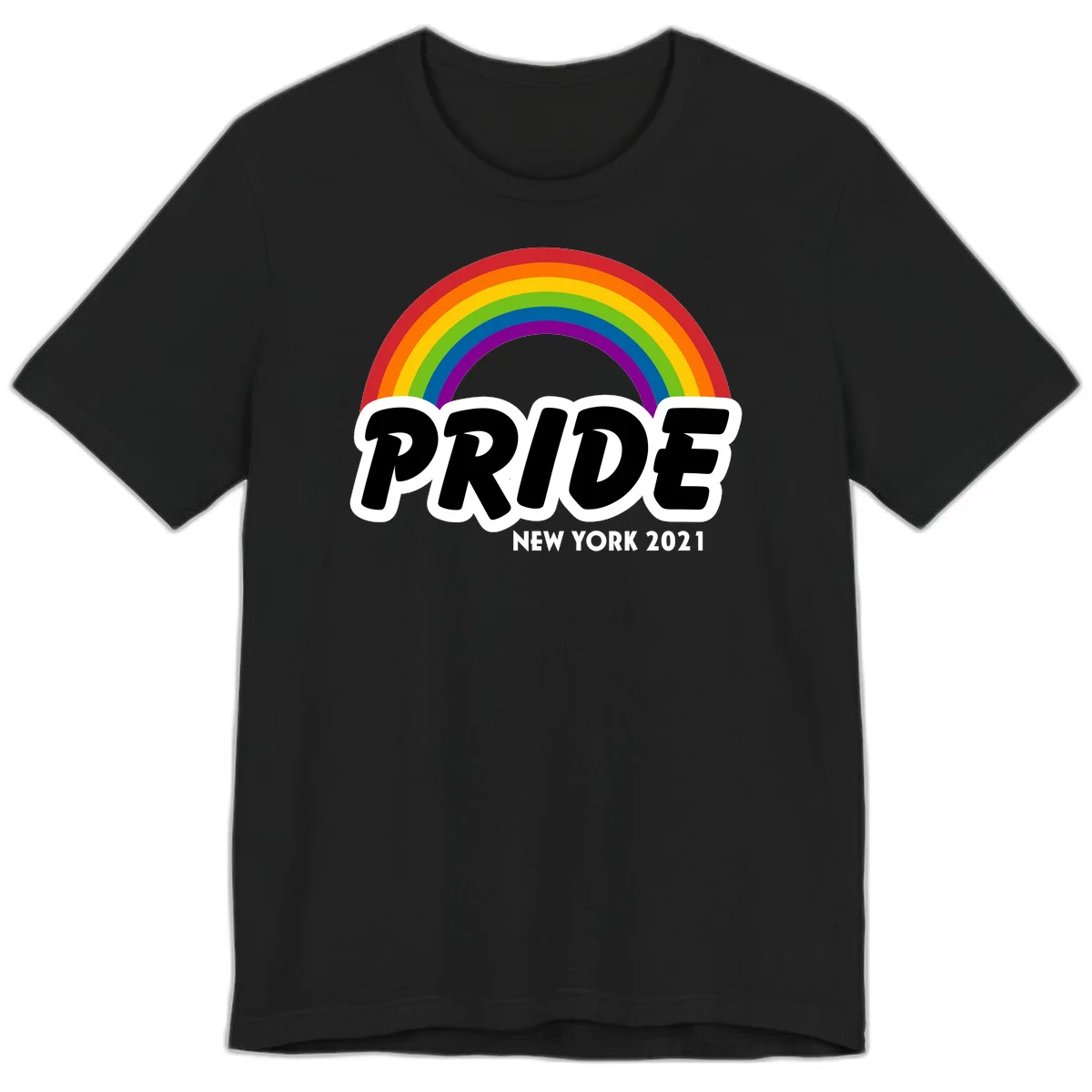 Pride New York 2021 design with vibrant rainbow arc and bold black text on gray background in Black