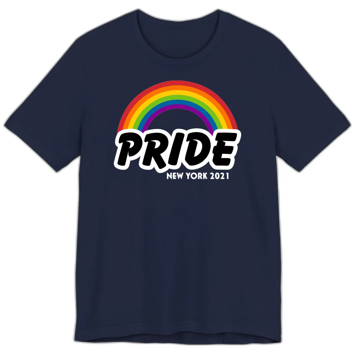 Pride New York 2021 design with vibrant rainbow arc and bold black text on gray background in Navy