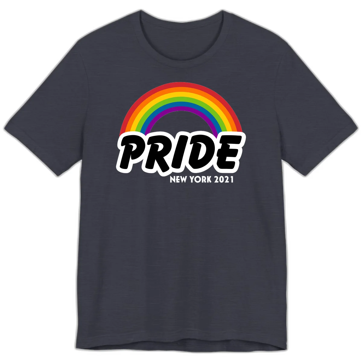Pride New York 2021 design with vibrant rainbow arc and bold black text on gray background in Heather Midnight Navy