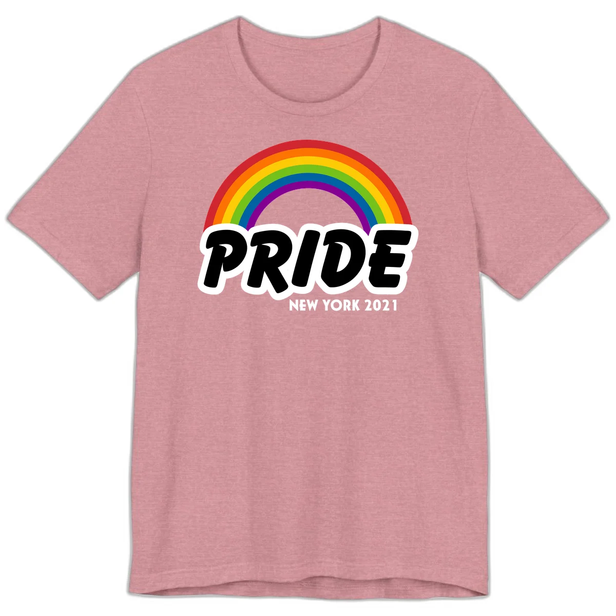 Pride New York 2021 design with vibrant rainbow arc and bold black text on gray background in Heather Orchid