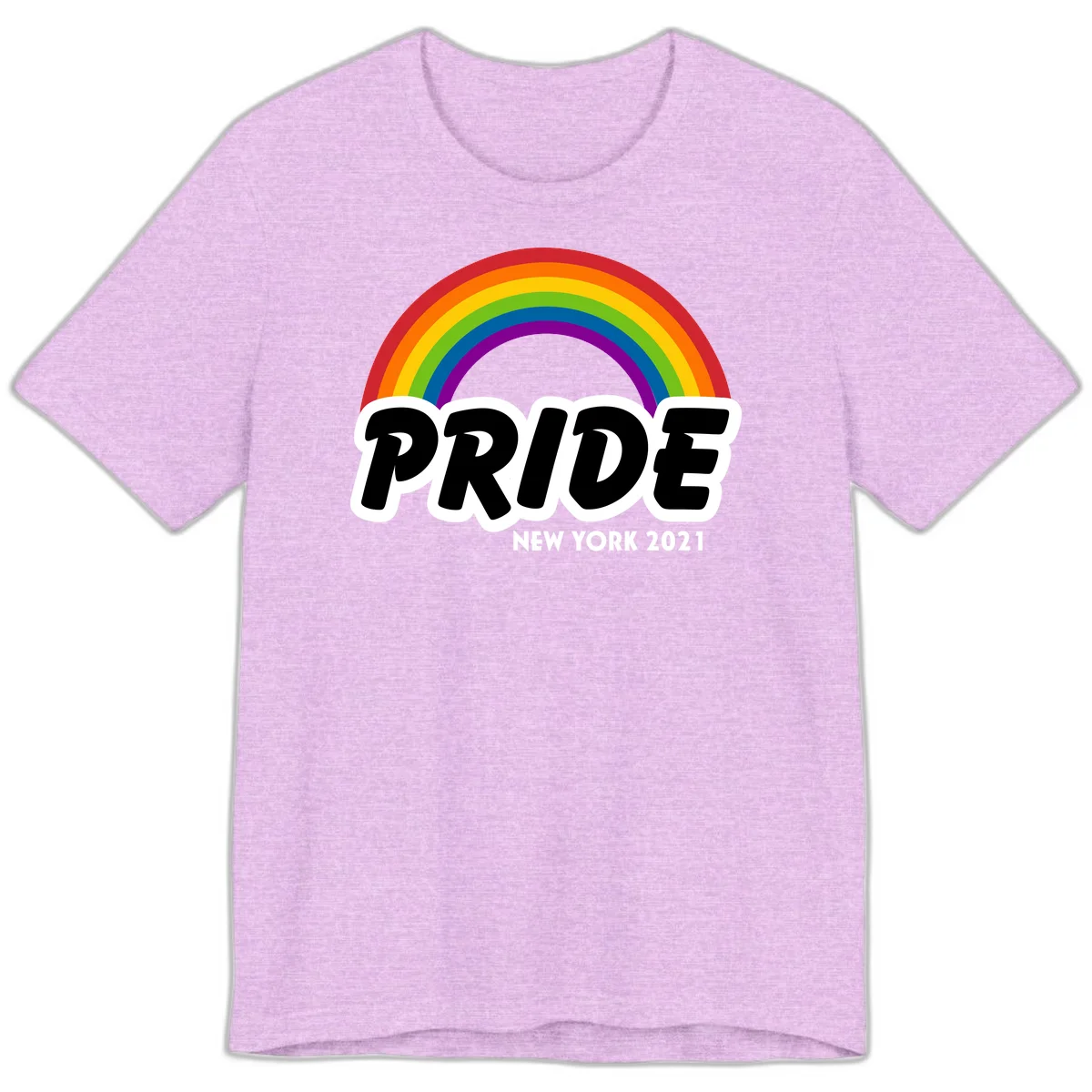 Pride New York 2021 design with vibrant rainbow arc and bold black text on gray background in Heather Prism Lilac