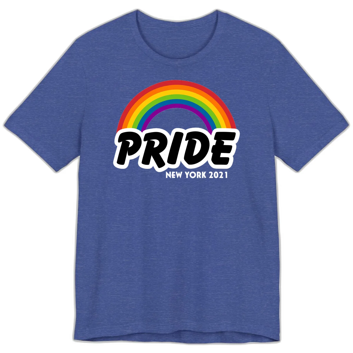 Pride New York 2021 design with vibrant rainbow arc and bold black text on gray background in Heather True Royal