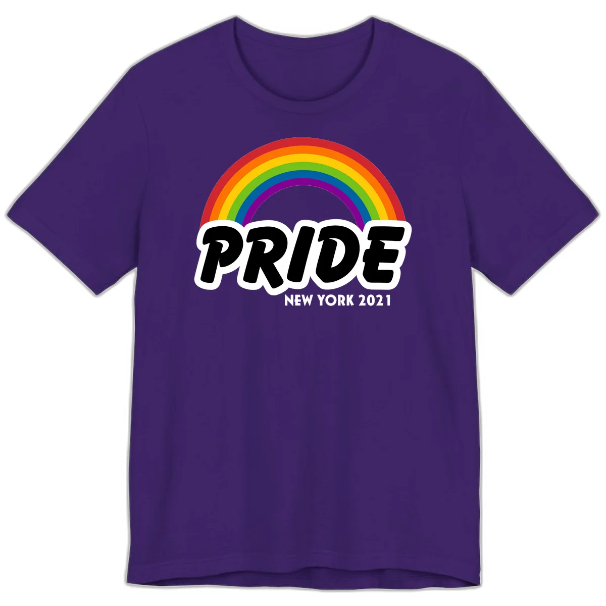 Pride New York 2021 design with vibrant rainbow arc and bold black text on gray background in Team Purple
