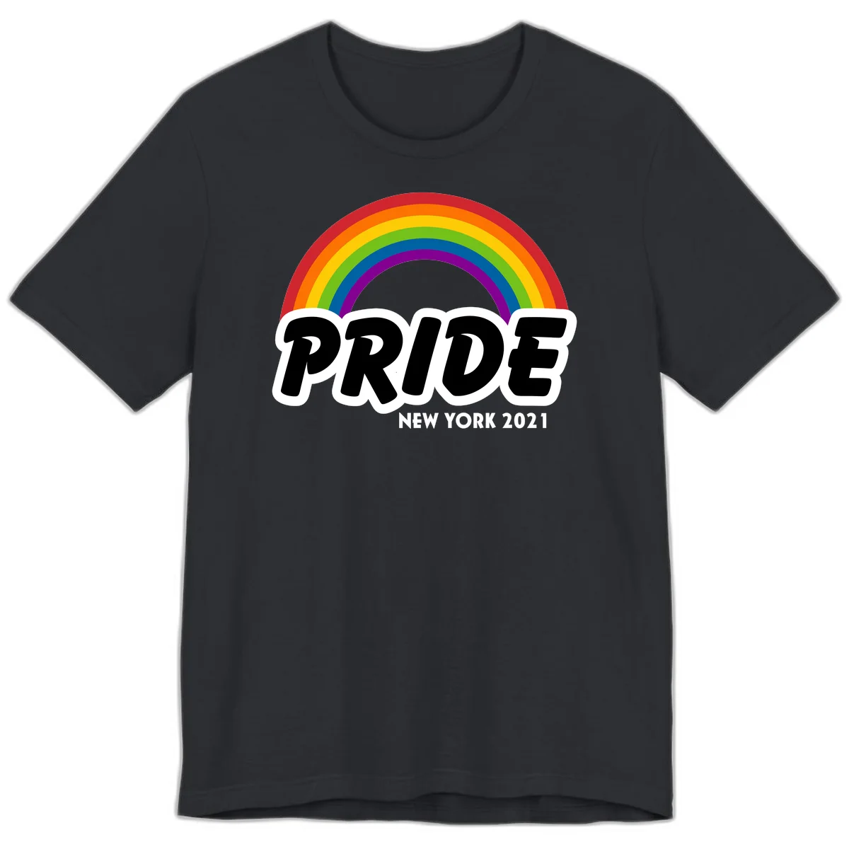 Pride New York 2021 design with vibrant rainbow arc and bold black text on gray background in Vintage Black