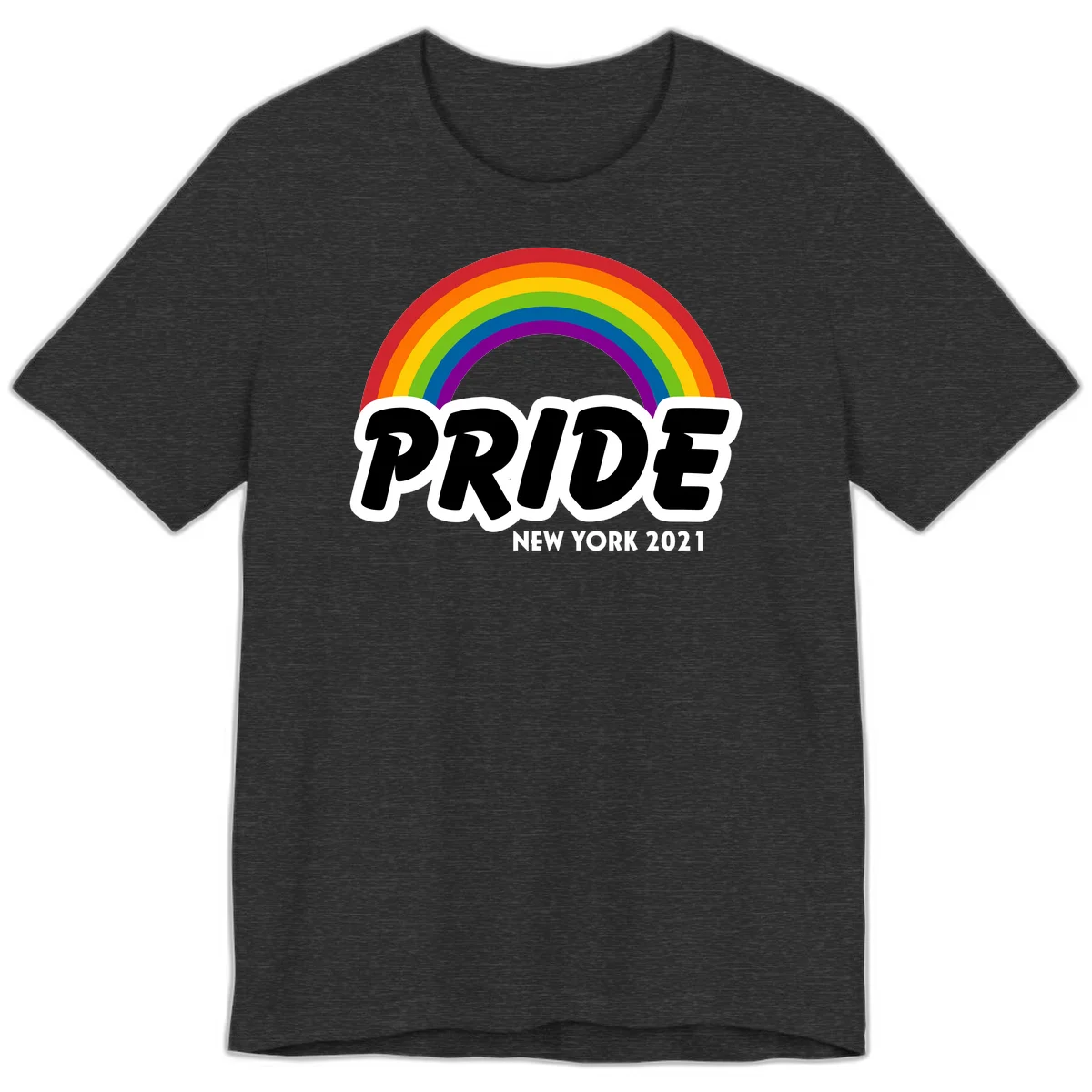 Pride New York 2021 design with vibrant rainbow arc and bold black text on gray background in Dark Grey Heather