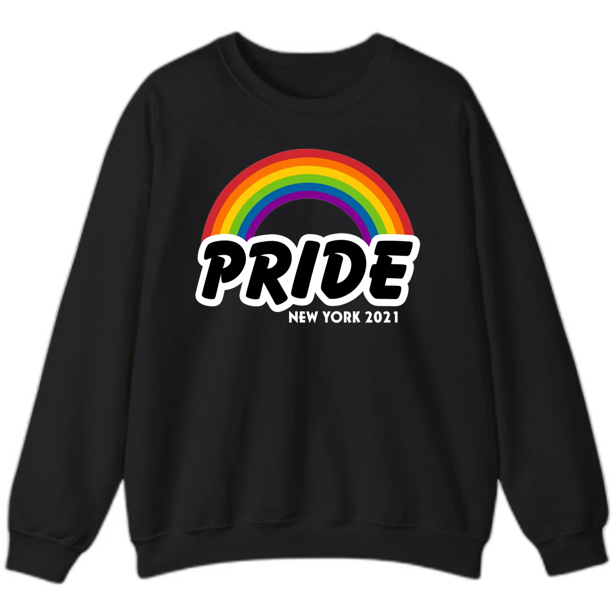 Pride New York 2021 design with vibrant rainbow arc and bold black text on gray background in Black