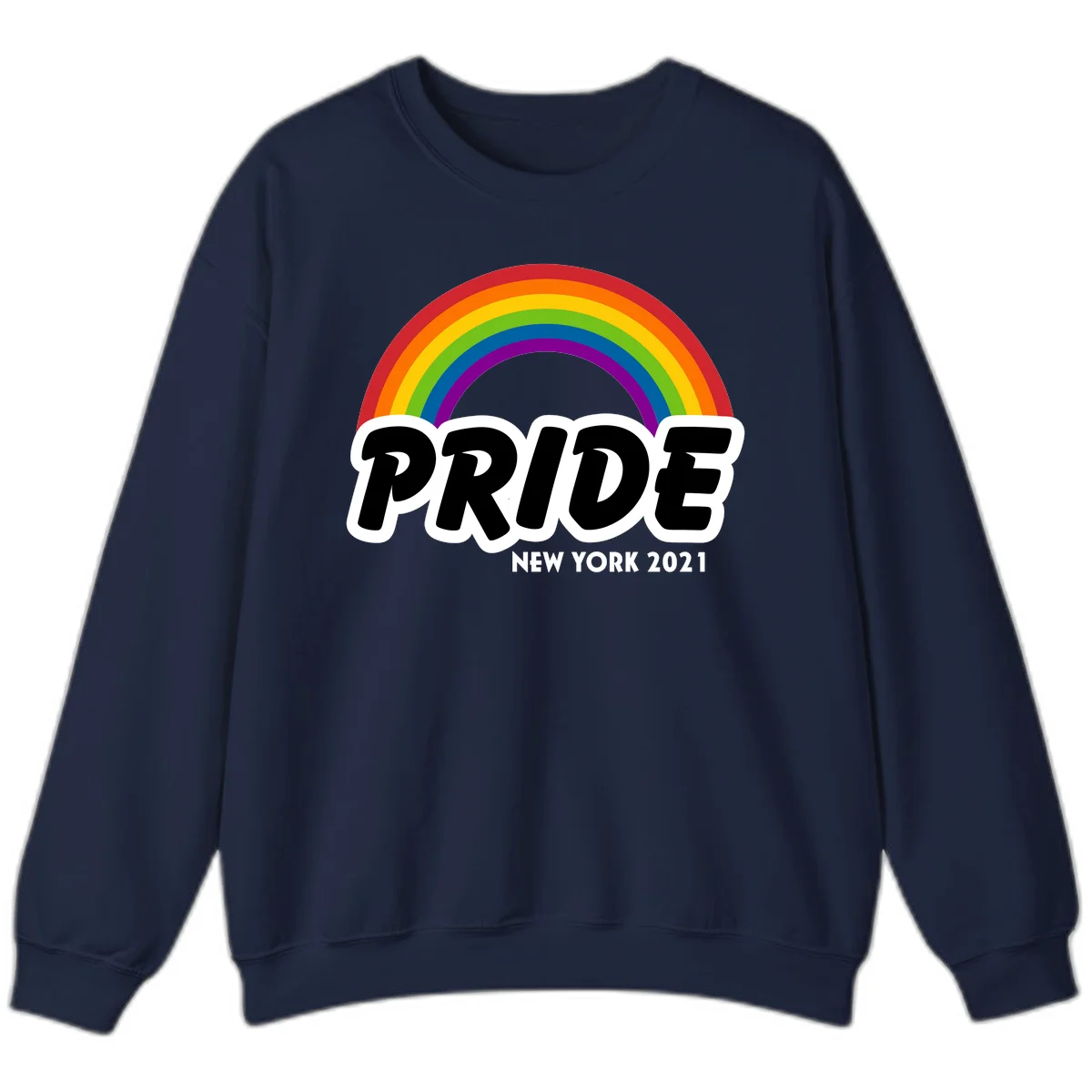 Pride New York 2021 design with vibrant rainbow arc and bold black text on gray background in Navy