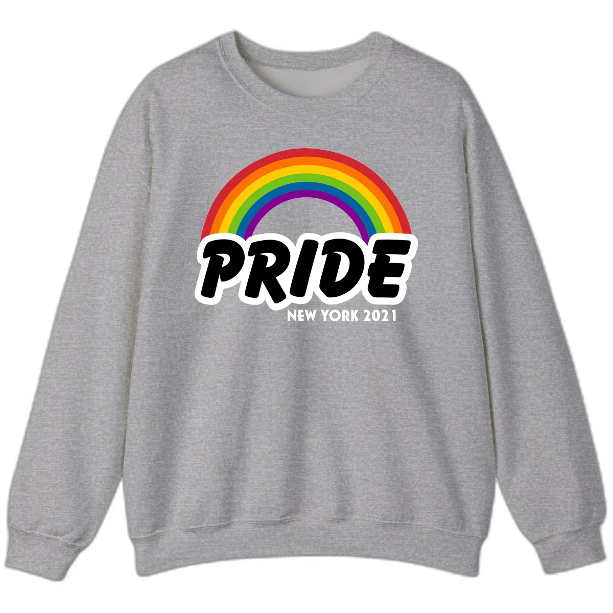 Pride New York 2021 design with vibrant rainbow arc and bold black text on gray background in Sport Grey