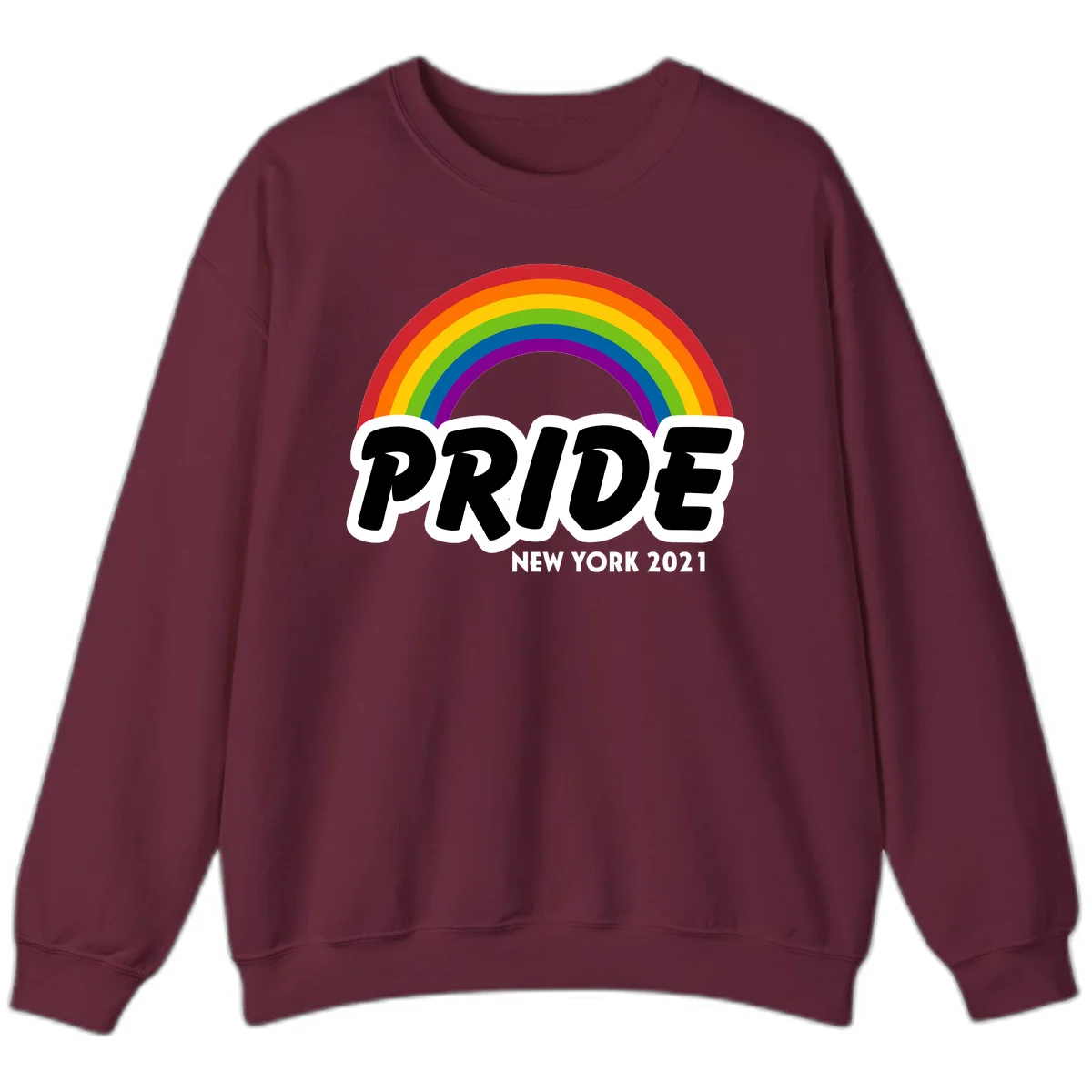 Pride New York 2021 design with vibrant rainbow arc and bold black text on gray background in Maroon