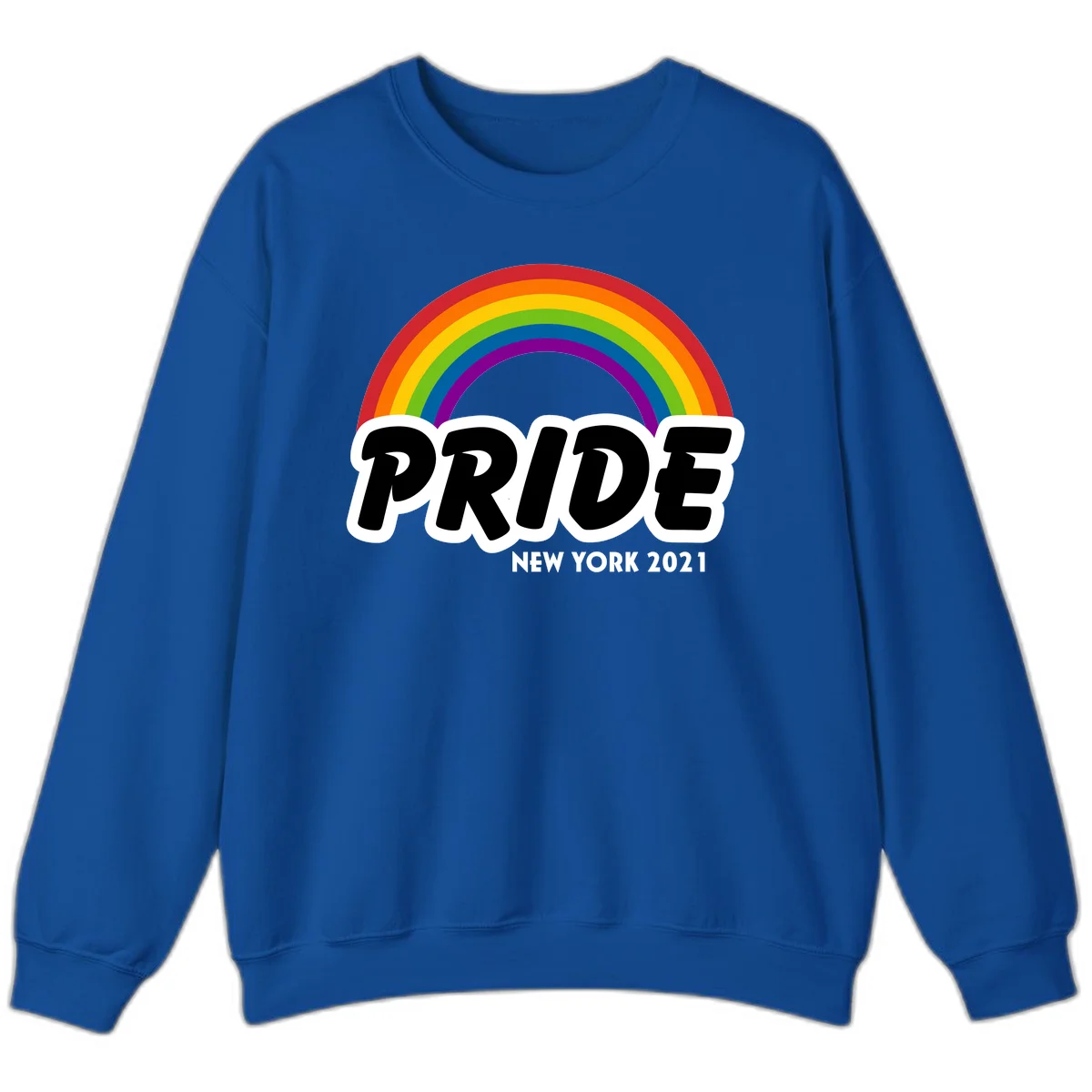 Pride New York 2021 design with vibrant rainbow arc and bold black text on gray background in Royal