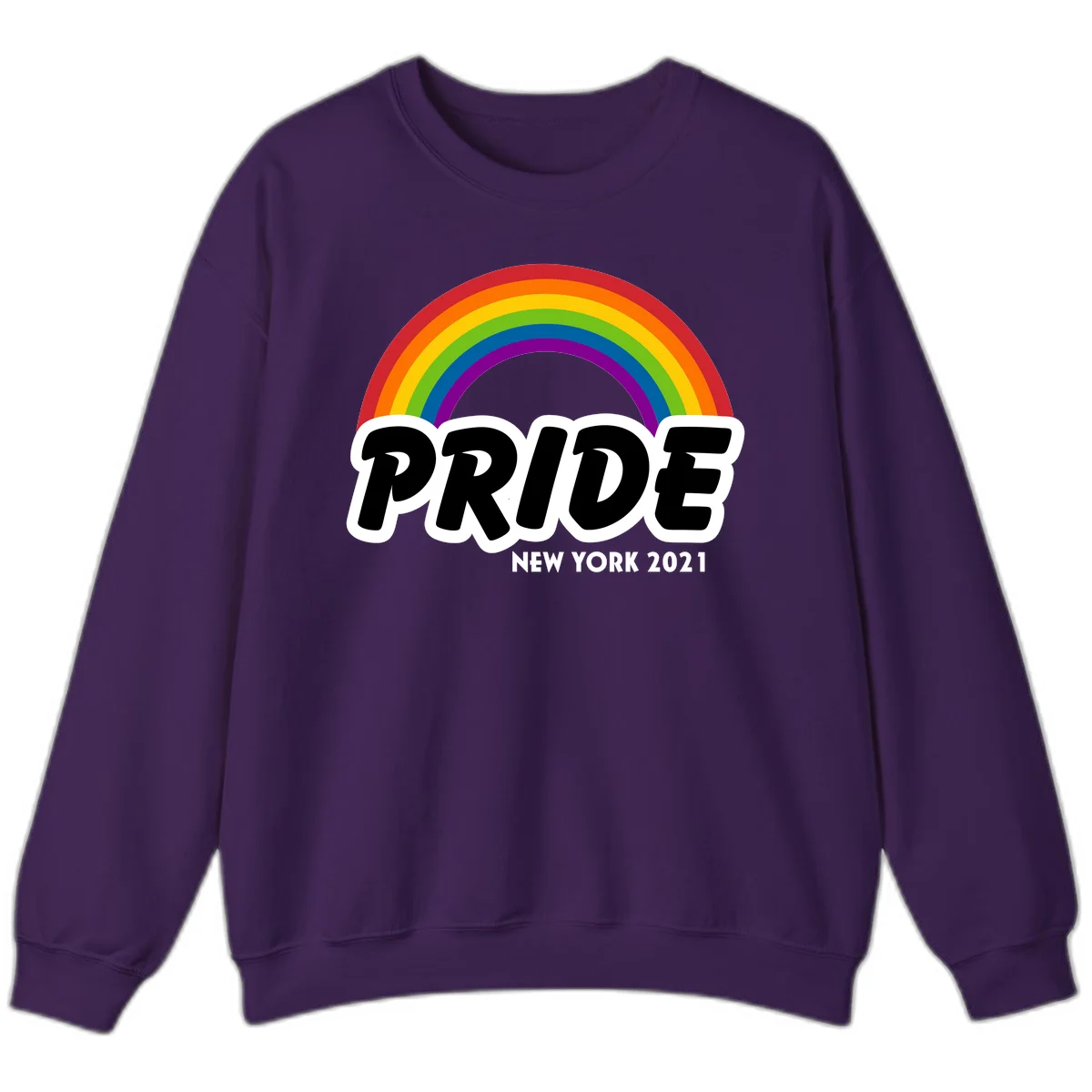 Pride New York 2021 design with vibrant rainbow arc and bold black text on gray background in Purple