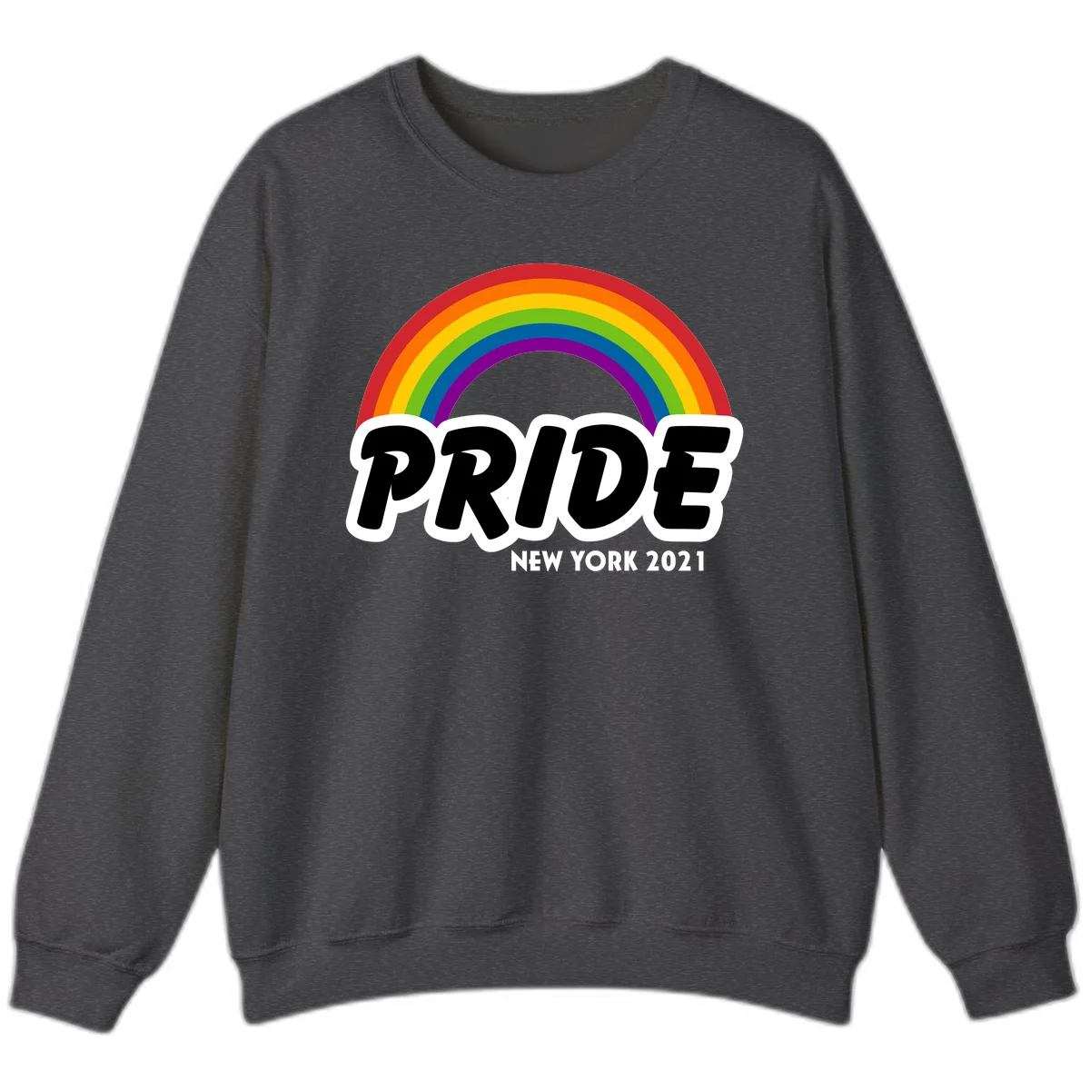 Pride New York 2021 design with vibrant rainbow arc and bold black text on gray background in Dark Heather