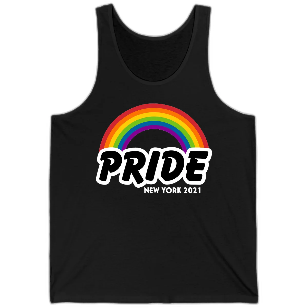 Pride New York 2021 design with vibrant rainbow arc and bold black text on gray background in Black