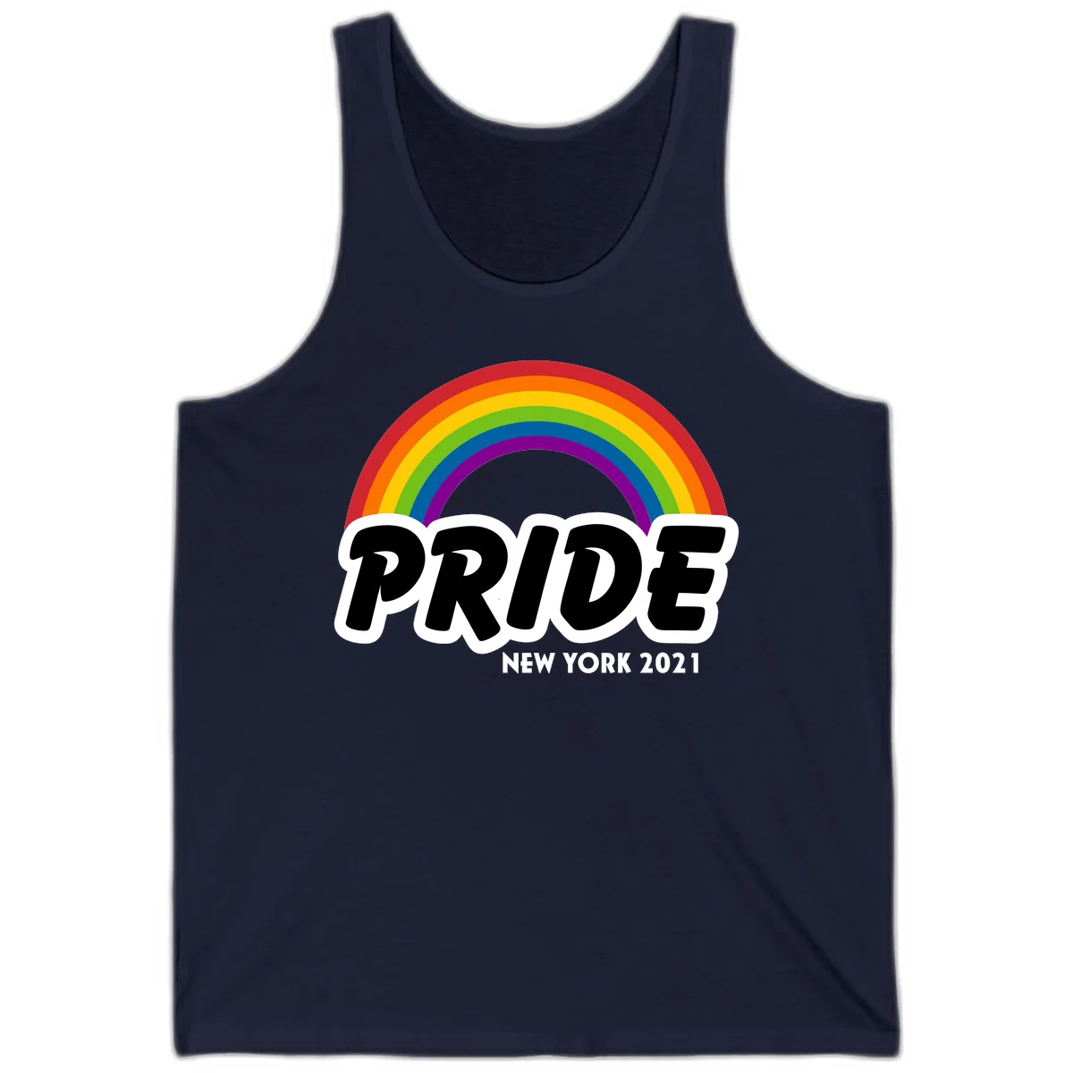 Pride New York 2021 design with vibrant rainbow arc and bold black text on gray background in Navy