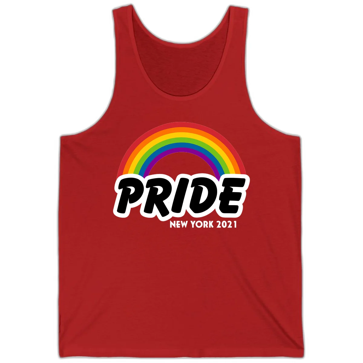 Pride New York 2021 design with vibrant rainbow arc and bold black text on gray background in Red