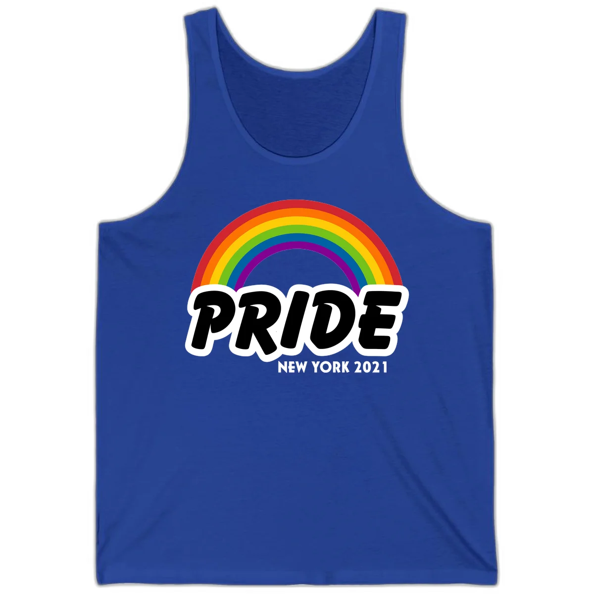 Pride New York 2021 design with vibrant rainbow arc and bold black text on gray background in True Royal
