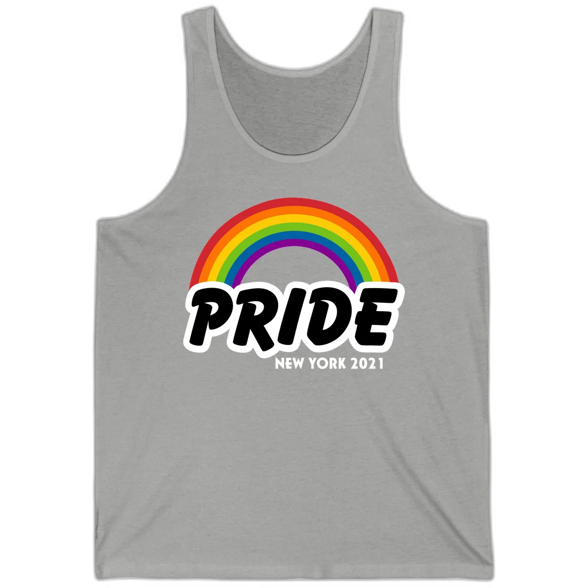 Pride New York 2021 design with vibrant rainbow arc and bold black text on gray background in Athletic Heather
