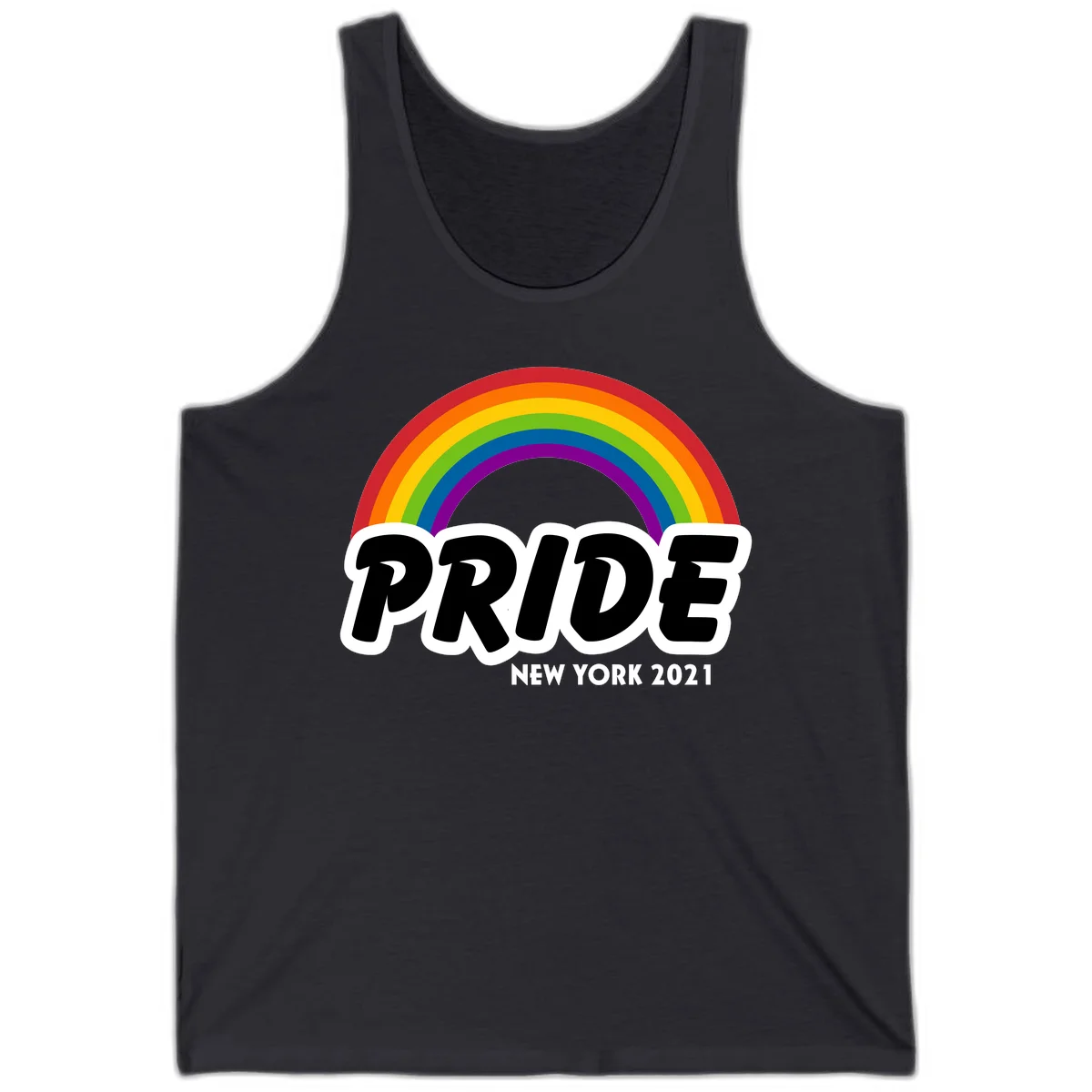 Pride New York 2021 design with vibrant rainbow arc and bold black text on gray background in Dark Grey