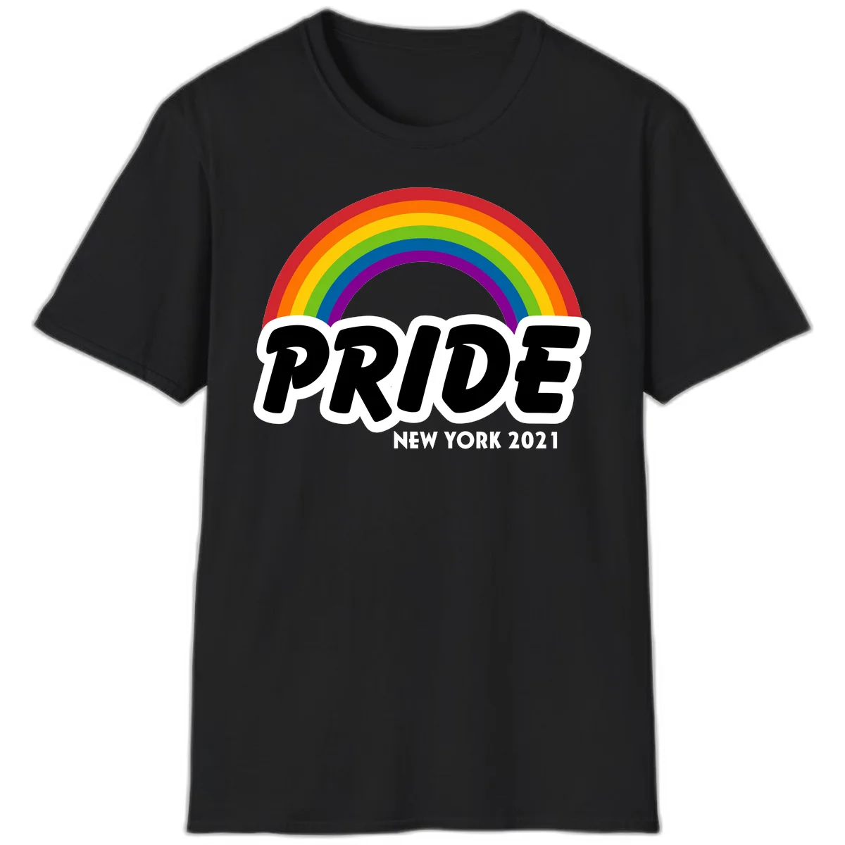Pride New York 2021 design with vibrant rainbow arc and bold black text on gray background in Black