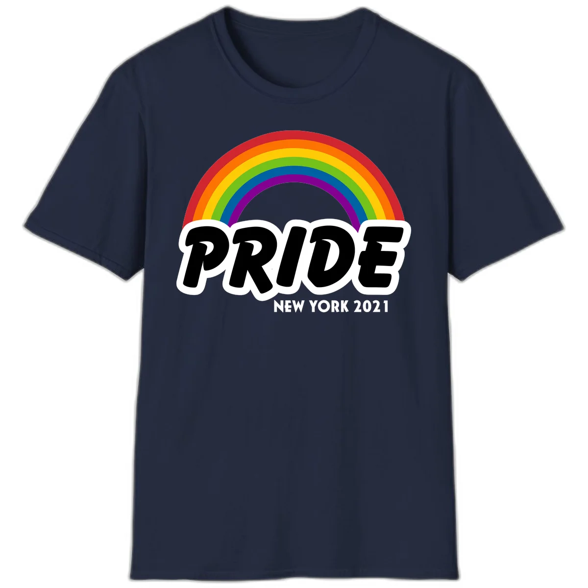 Pride New York 2021 design with vibrant rainbow arc and bold black text on gray background in Navy